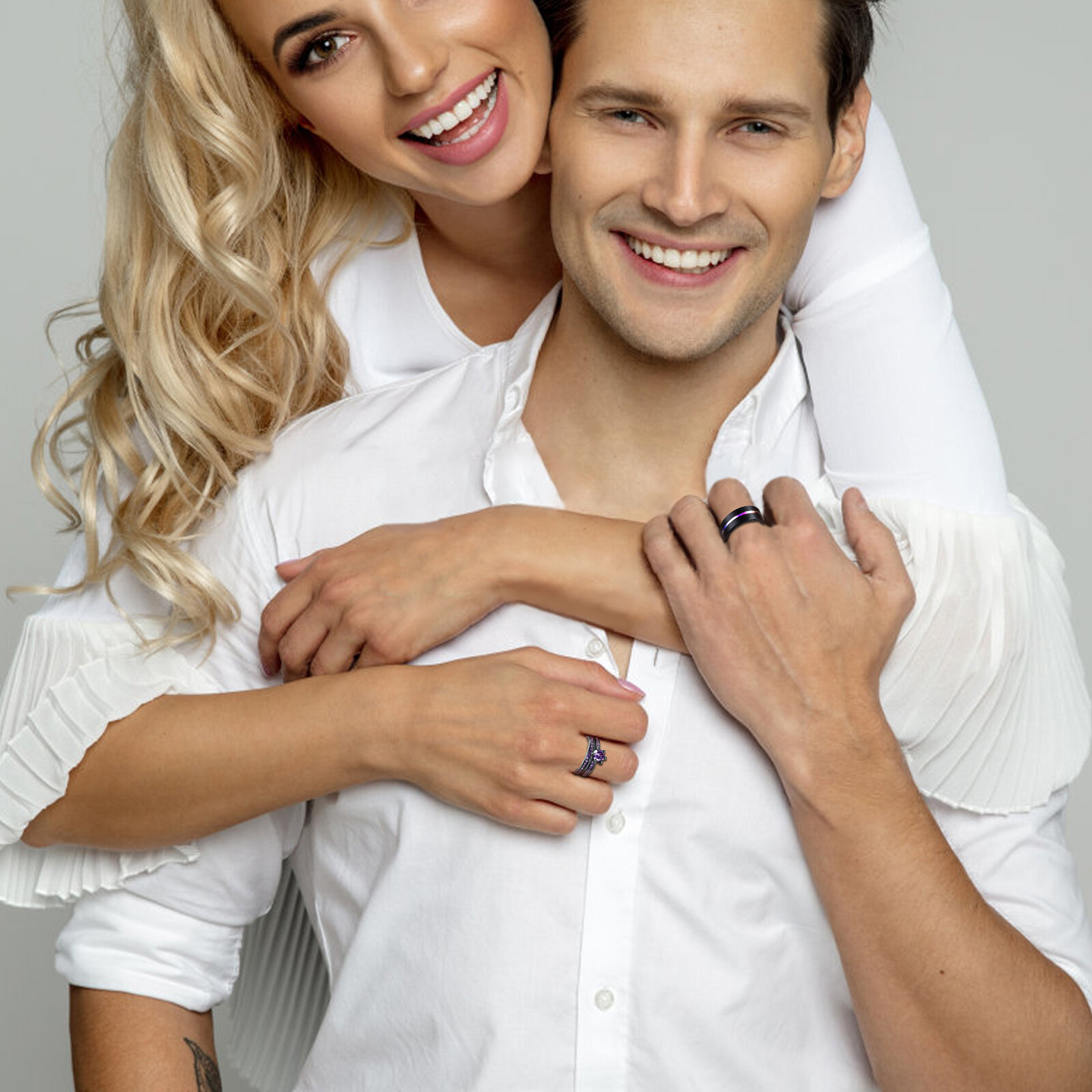 2pcs His&Hers Couple Rings Heart CZ Matching Promise Wedding Engagement Band Set