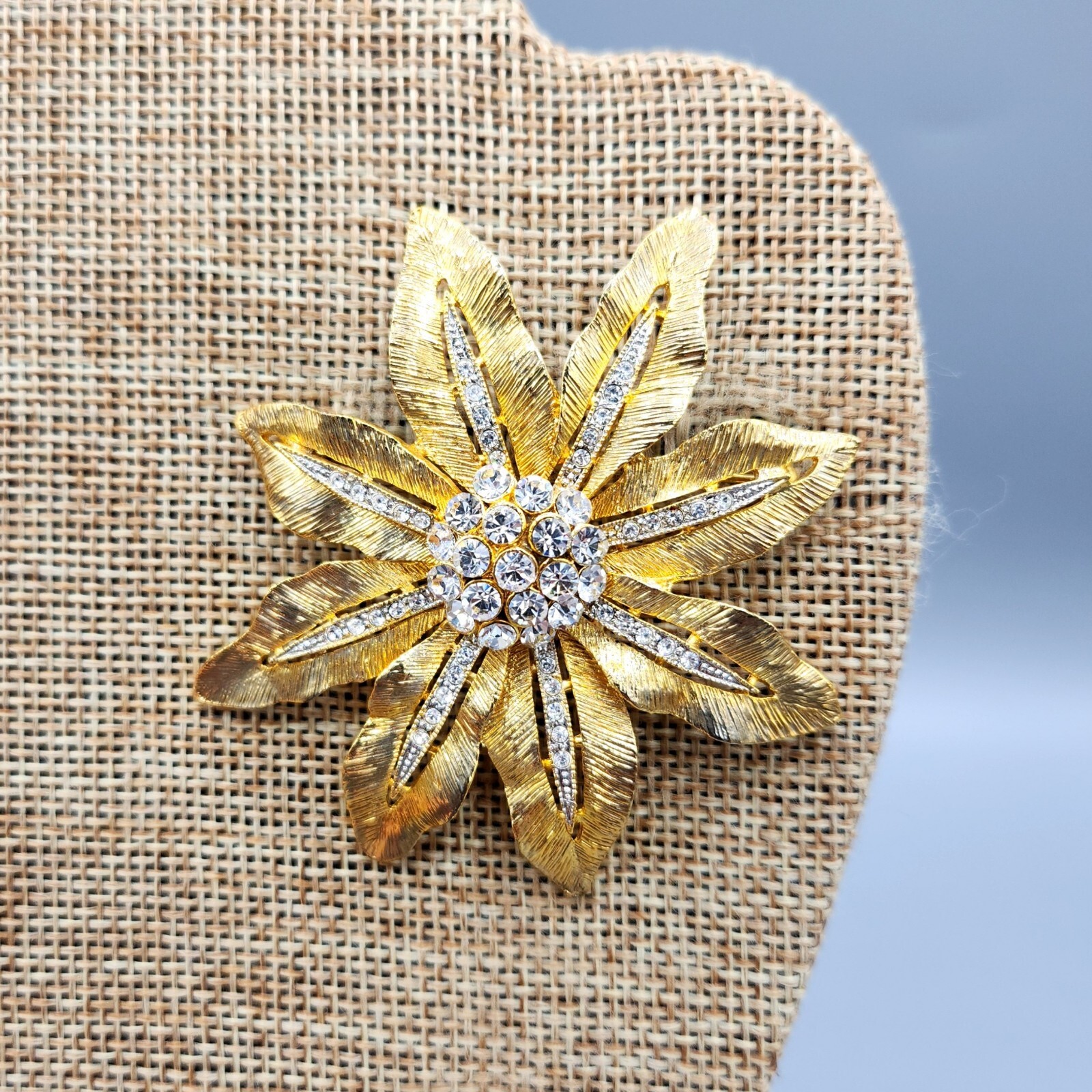 Unsigned Gold Tone Crystal Rhinestone Gold Flower Brooch & Clip Earrings