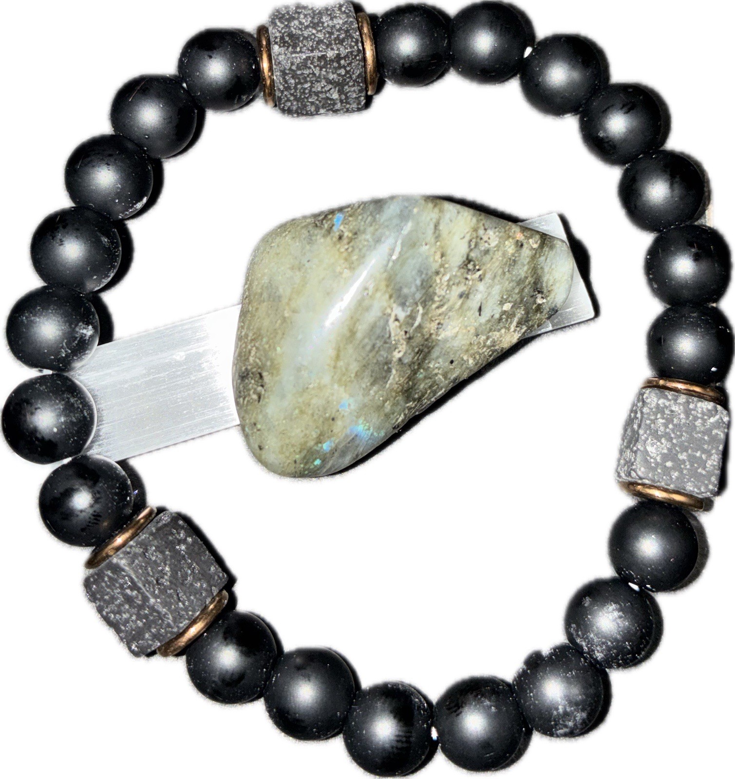 Black Stretch Crystal Beaded Stone Bracelet, labradorite, selenite stick