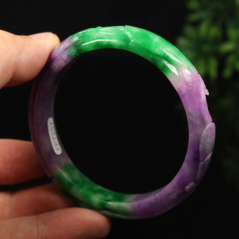 59mm Lavender Purple Green Jadeite Jade Bangle Bracelet Ruyi Rabbit A-14567