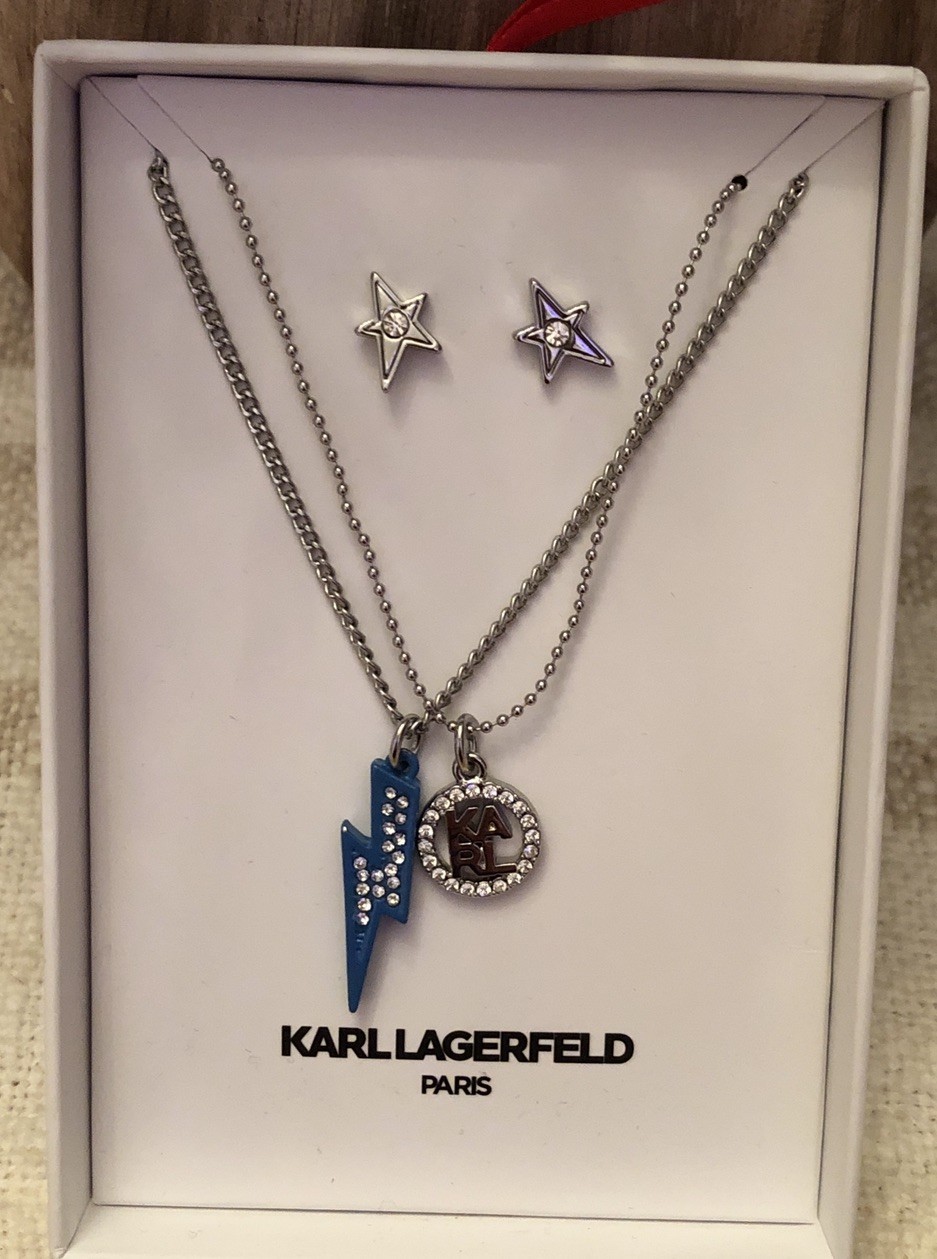 Karl Lagerfeld Lightning Bolt & Karl Layered Necklace & Star Stud Earrings NIB