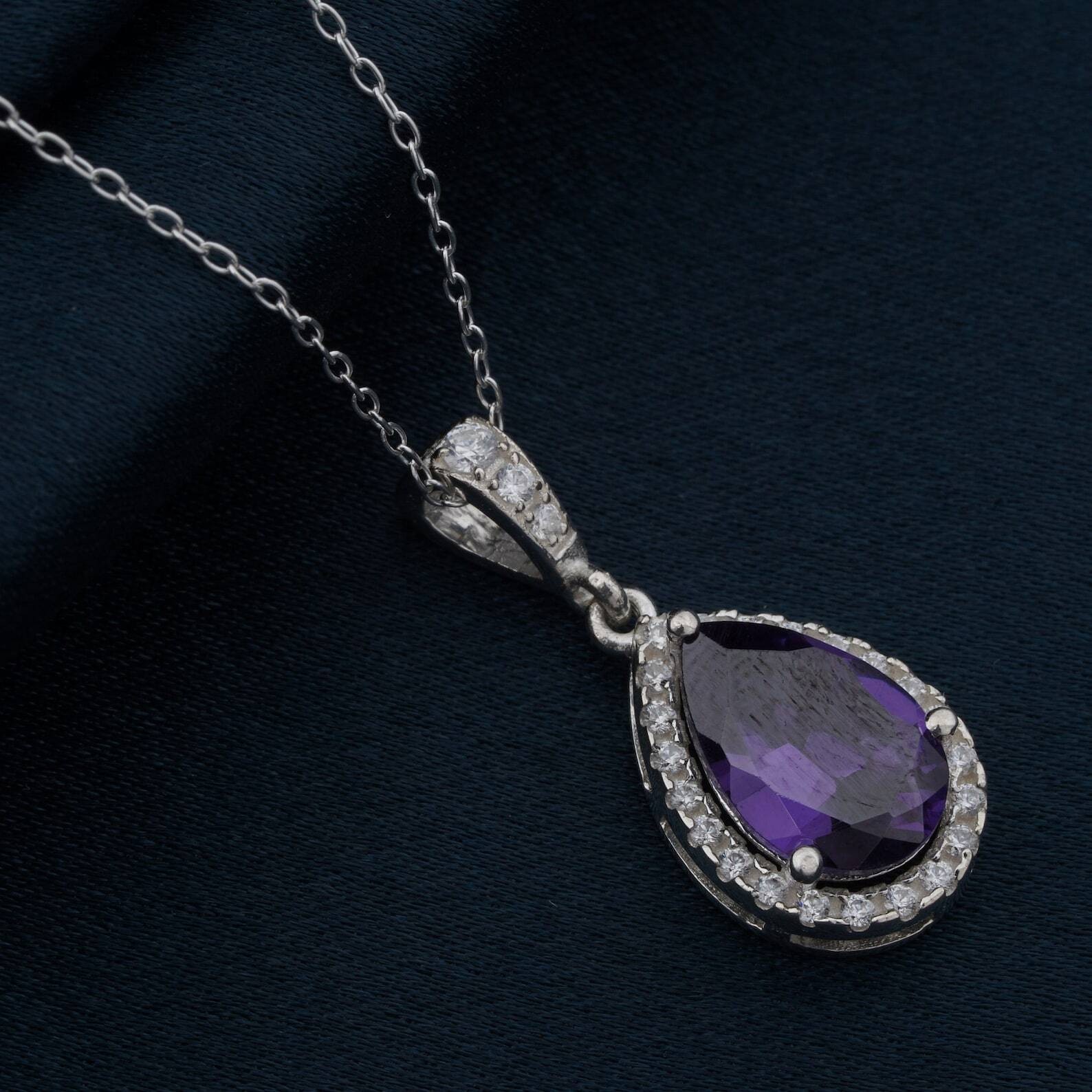 Pear Cut Simulated Purple Amethyst Pretty Pendant Chain In 14k White Gold Plated