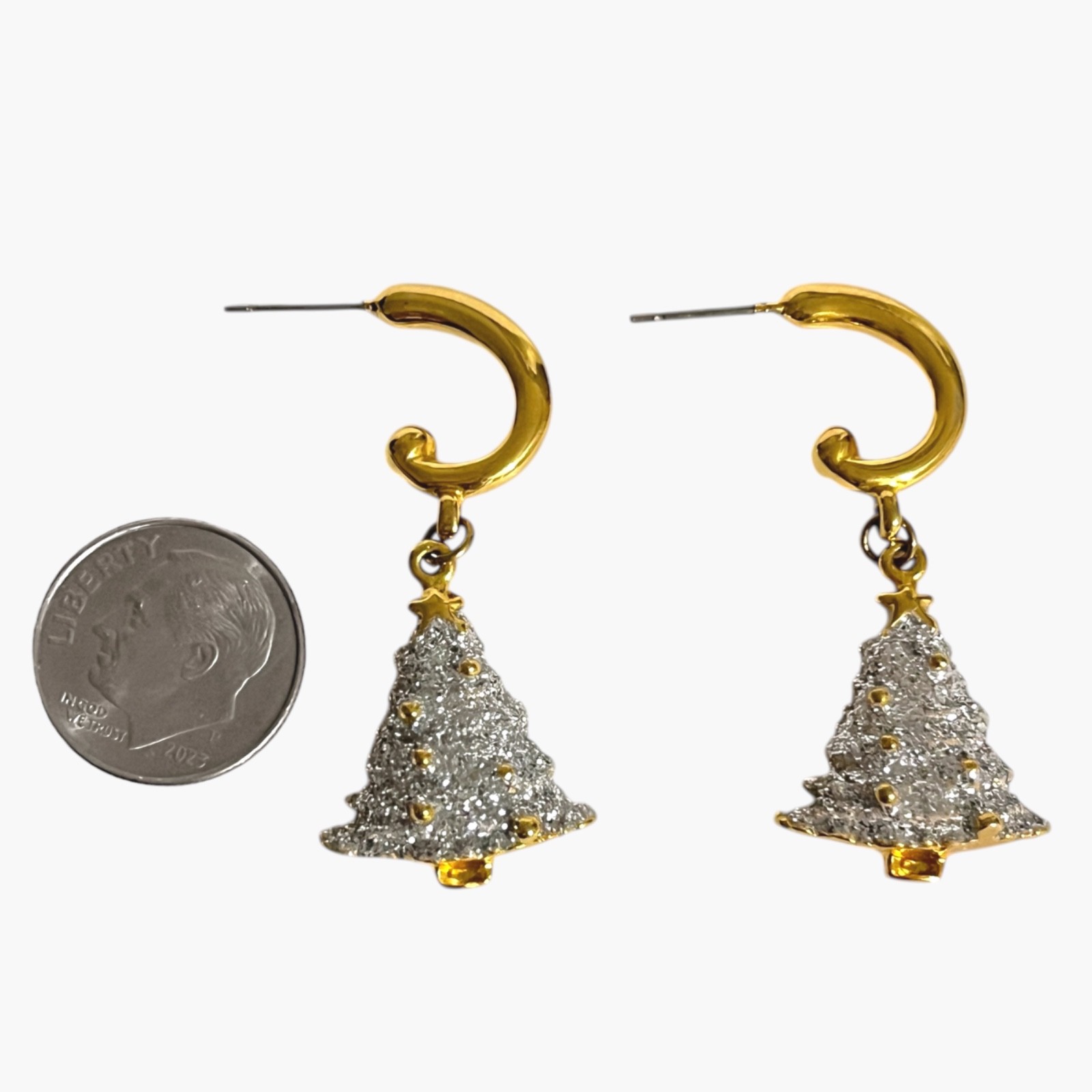 Christmas Tree Dangle Earrings Gold Tone Hoops Silver Tone Glitter Festive Party