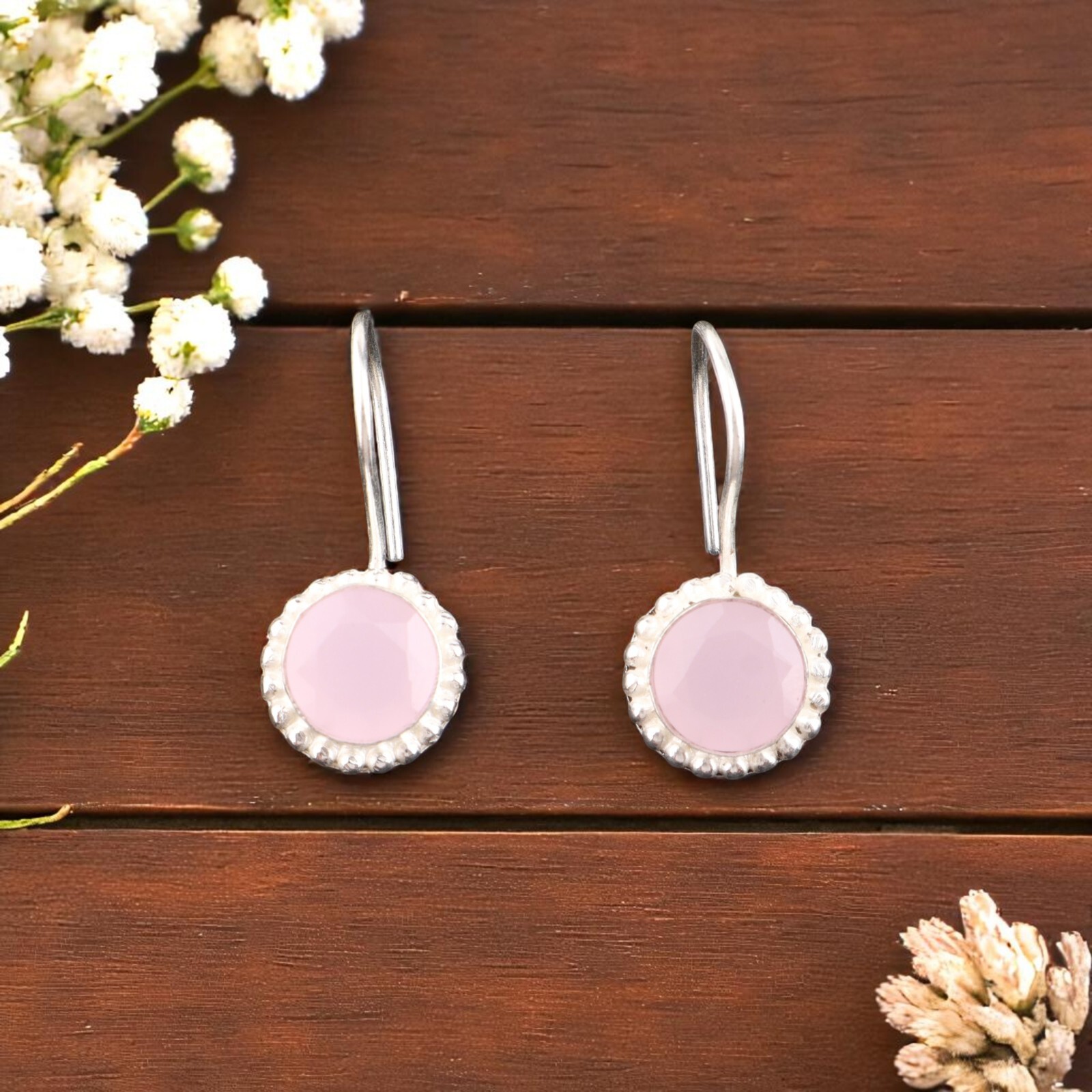 Rose Chalcedony Gemstone 925 Stamp Silver Statement Jewelry Earrings 0.93” Gift
