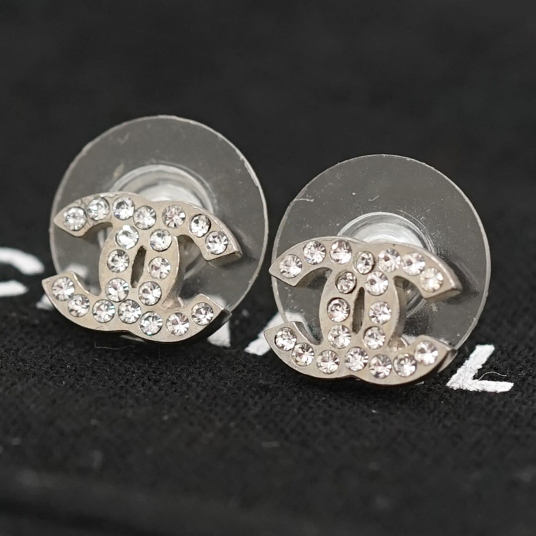 CHANEL CC Logos Rhinestone Stud Earrings Silver Tone A11V Auth #9772