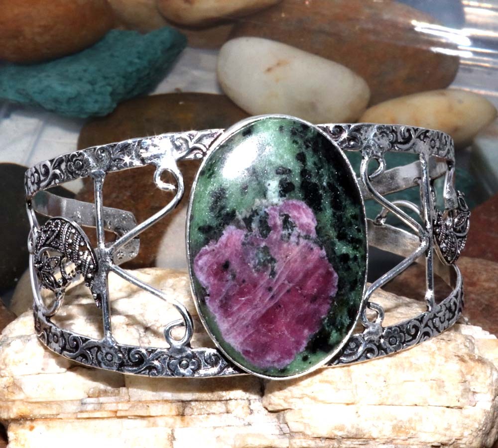 925 Silver Plated Huge Ruby In Zoisite Bangle 6.5″ Minimalist Design Trendy GW
