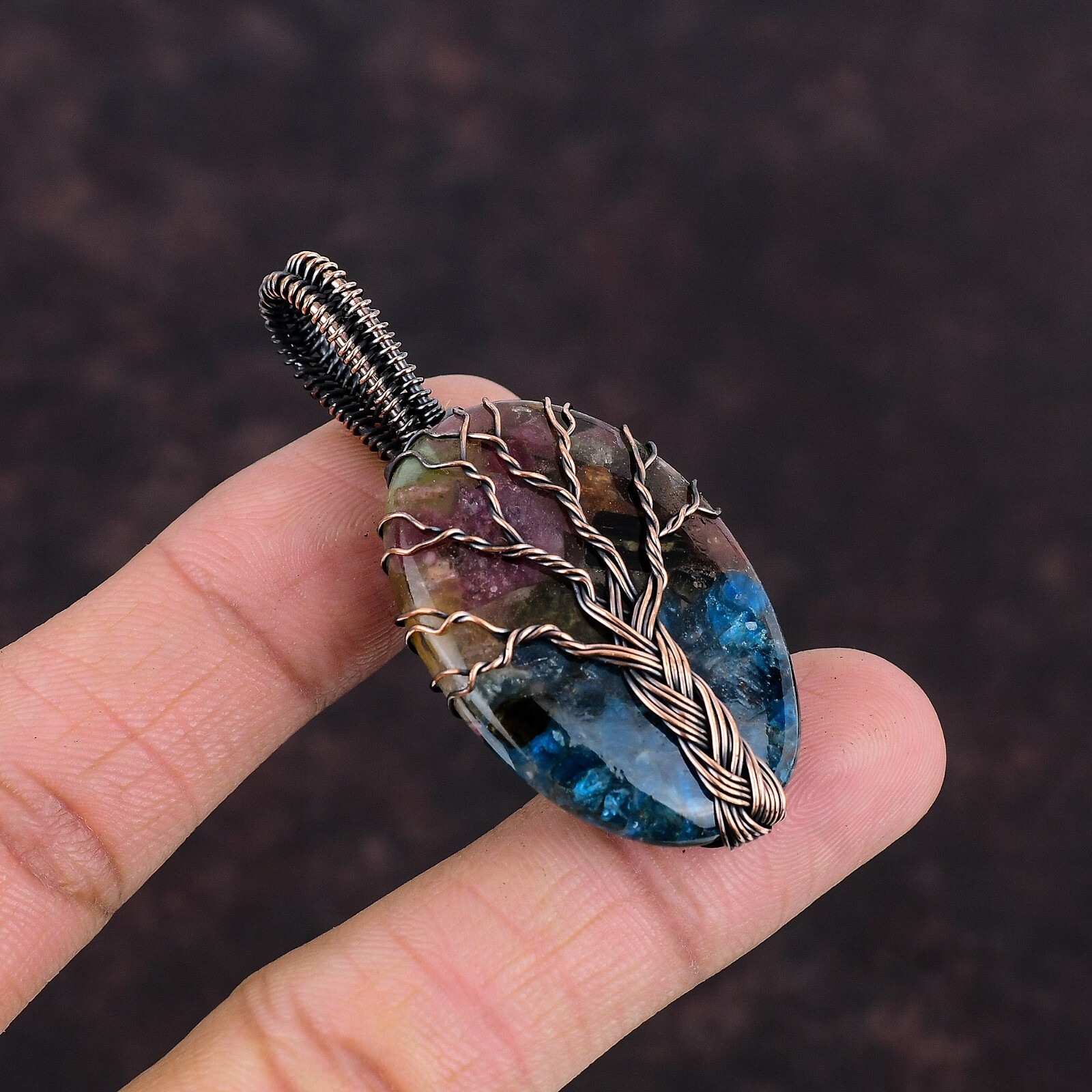 Watermelon Tourmaline Copper Friend Gift Wire Wrapped Tree Of Life Pendant 2.36″