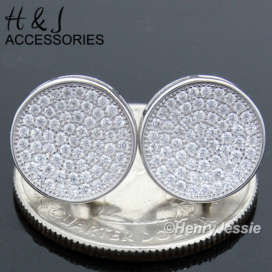 MEN 925 STERLING SILVER 12MM ICY BLING CZ ROUND SILVER 3D STUD EARRING*APBE111