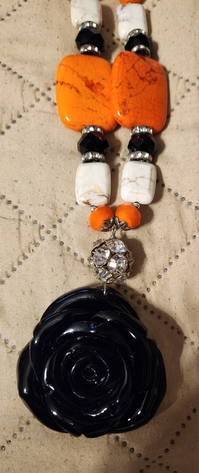 Women’s Orange White & Black Bead Necklace With Black Rose Pendant & Earrings