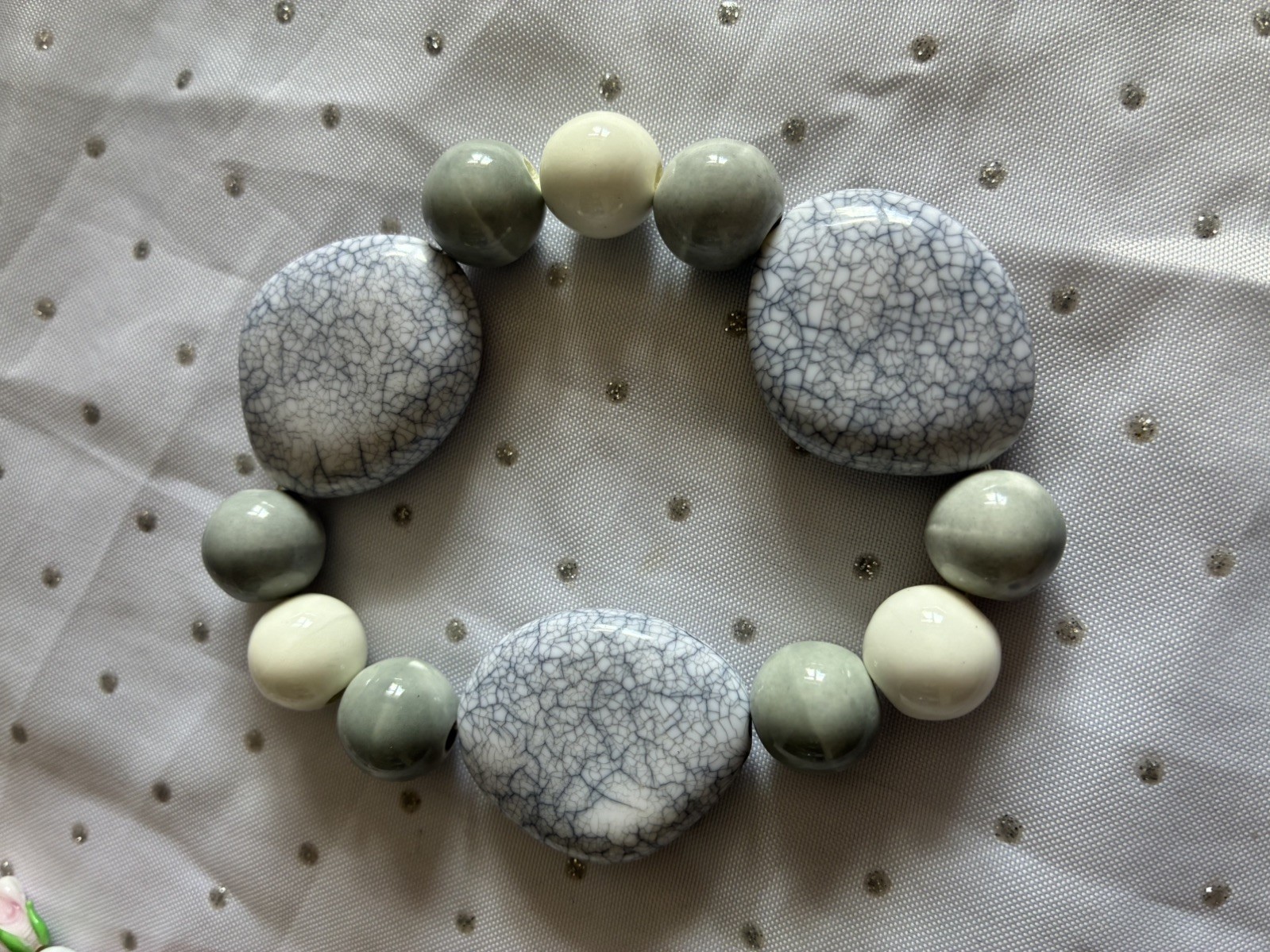 3 x Glass & Plastic Beaded Bracelets – Handmade – Pale Pink, Grey & White