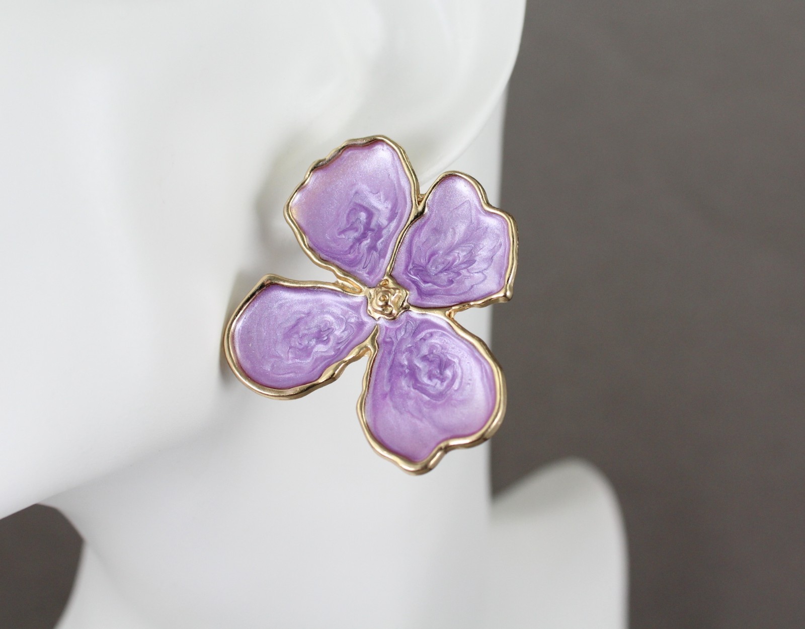 purple Big flower earrings enamel stud post daisy petal 1 .75″ long dogwood