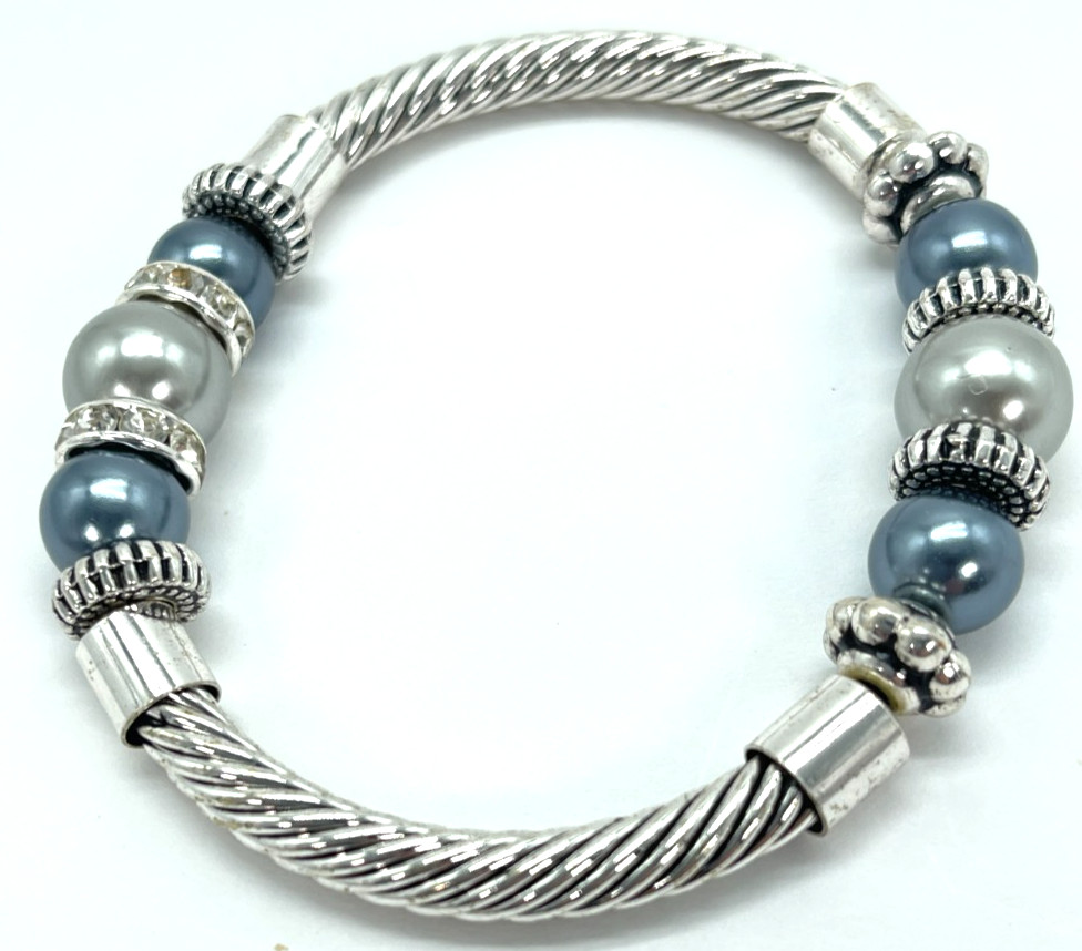 Bracelet Stainles Steel w/Gray Simulated Pearls & Clear Crystal Accents 7 Inches