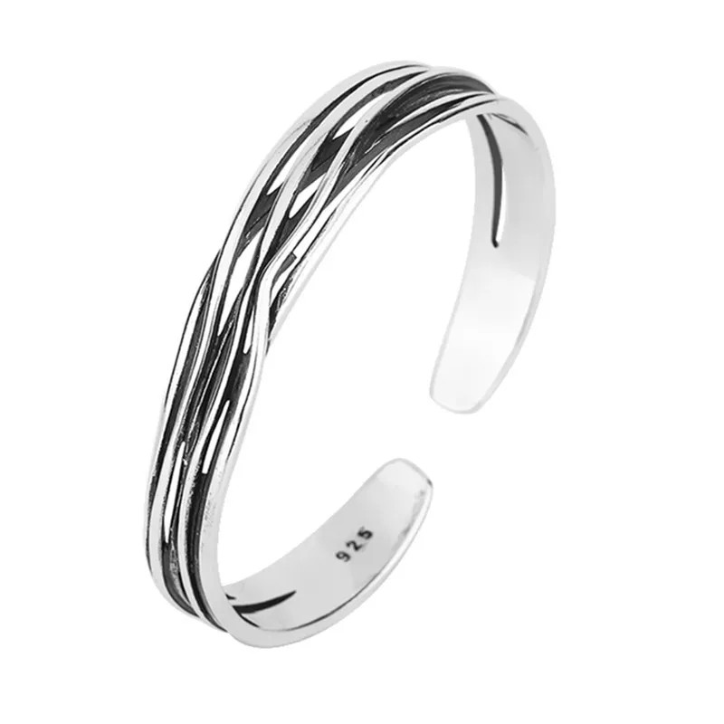Retro Wave Bracelet 925 Sterling Silver Braided Bangle Geometric Opening Cuff