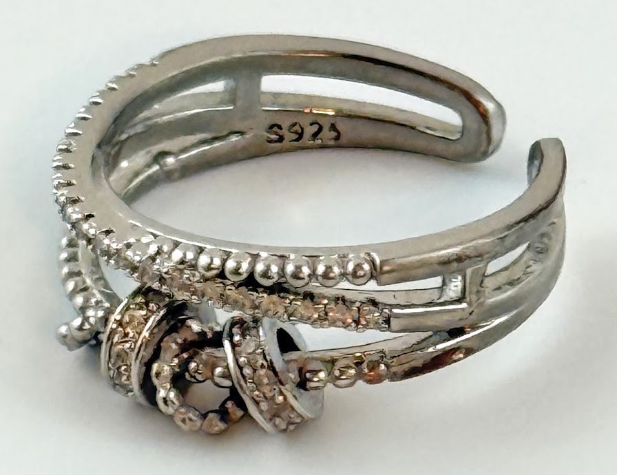 925 Sterling Silver Wrap Ring Open Cuff Beaded CZ Accent Band Adjustable Boho