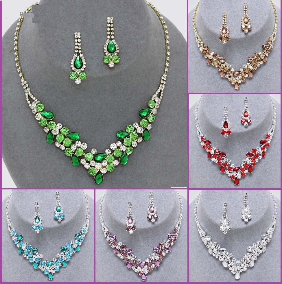 Wedding Bib Necklace Crystal Rhinestone Post Earrings Prom Bridal Teardrop Leaf