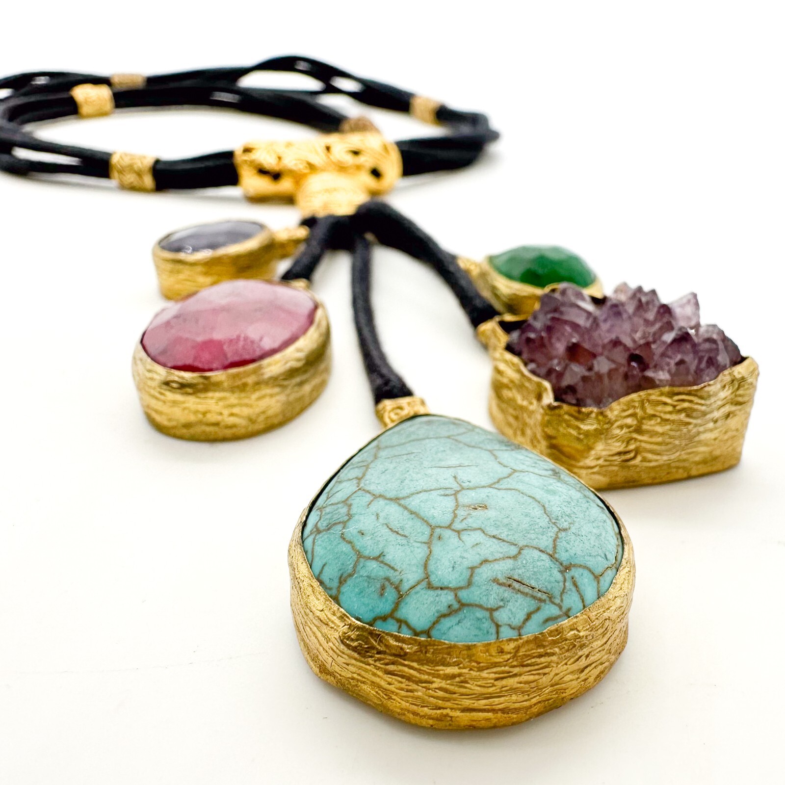 Vita New York Necklace Natural Multi Stone Gold Plated Cord Gold Plated Unsigned