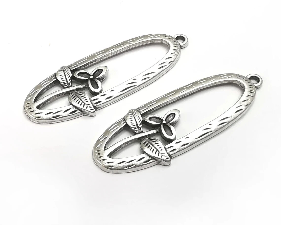 2 Pieces Flower Leaf Oval Charms Antique Silver Plated jewelry Accessories