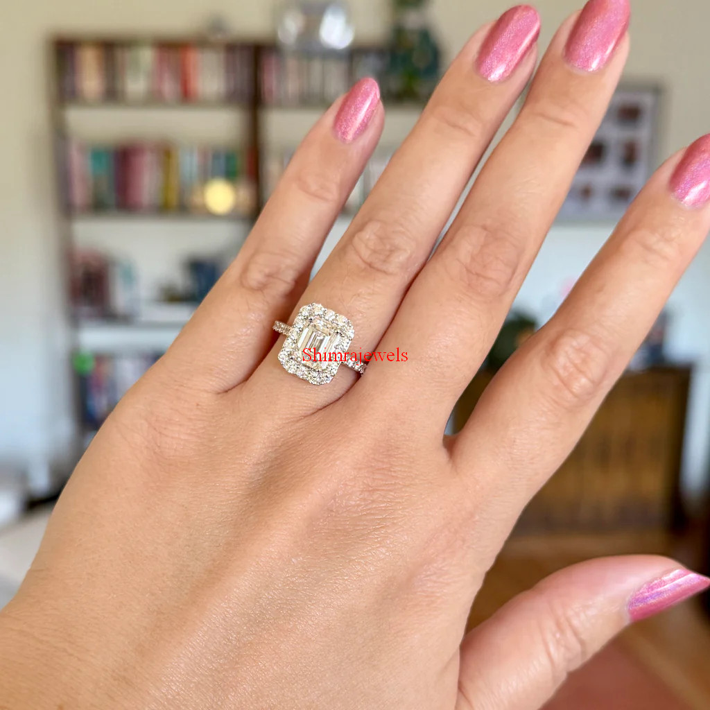 Emerald Cut Moissanite With 18k Gold Plated Silver Women’s Halo Ring #3