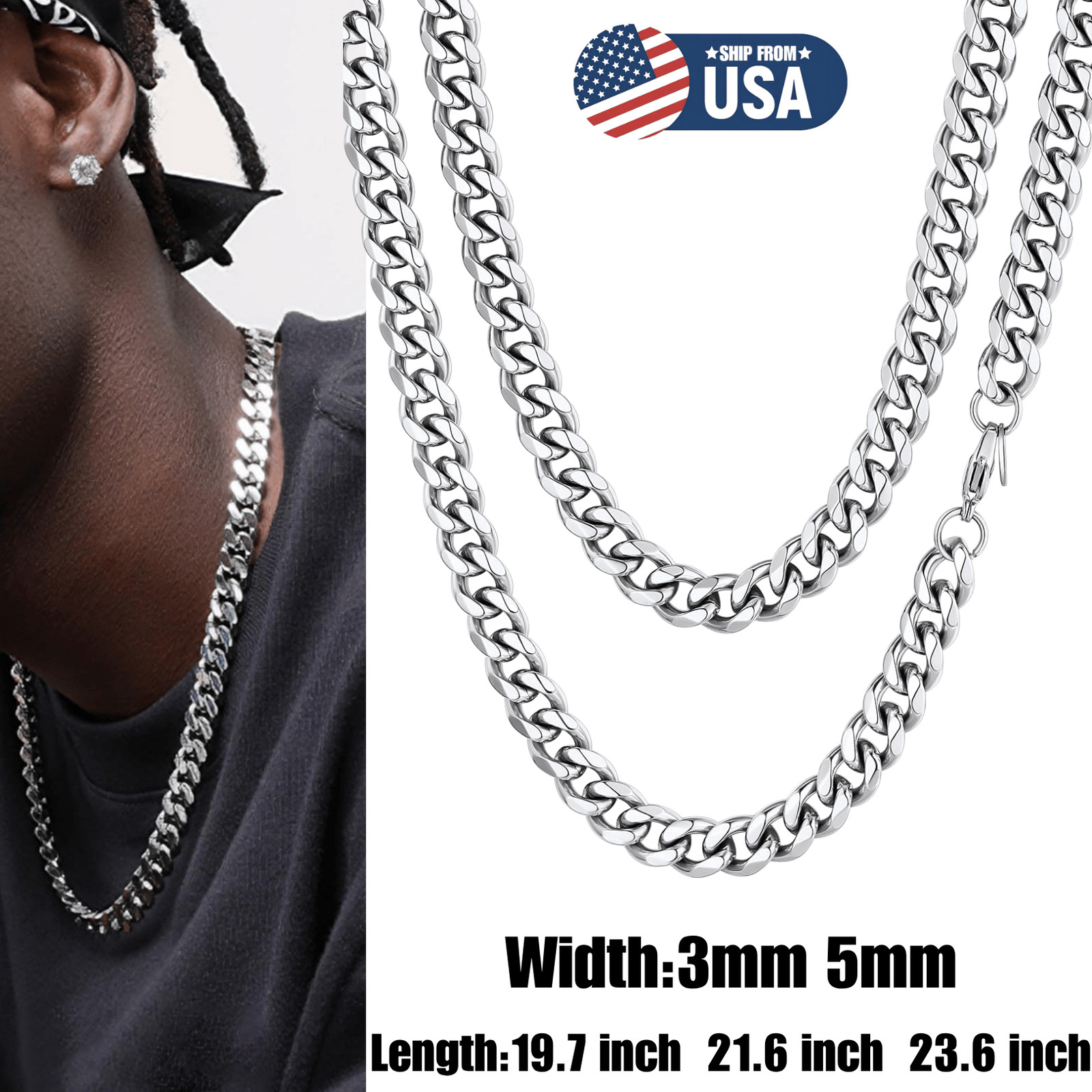 3mm/5mm Cuban Link Chains for Men, Silver Necklace Chain, Mens Necklace Jewelry