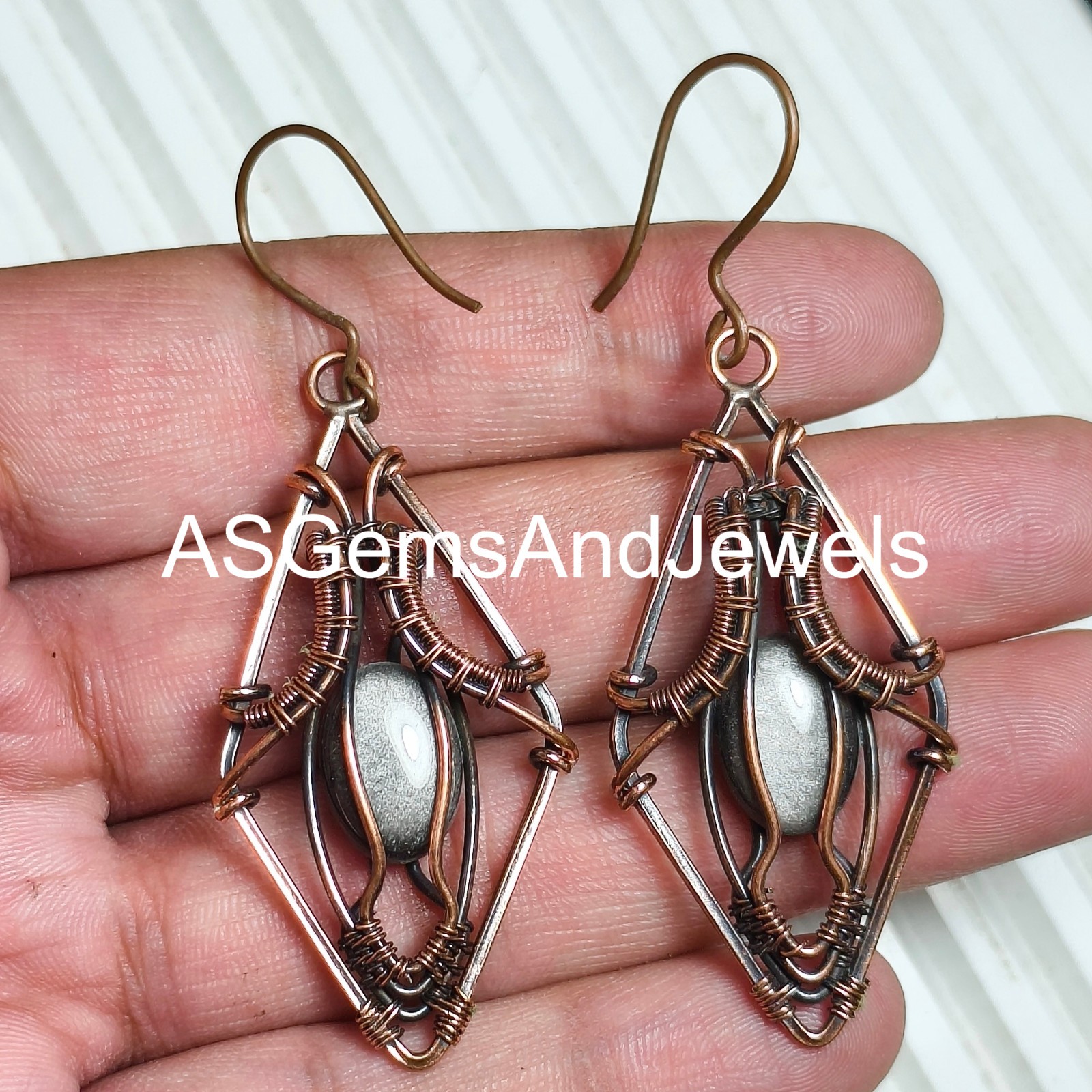 Moonstone Copper Wire Wrapped Earrings Pair: Gemstone Dangle Drop Earrings