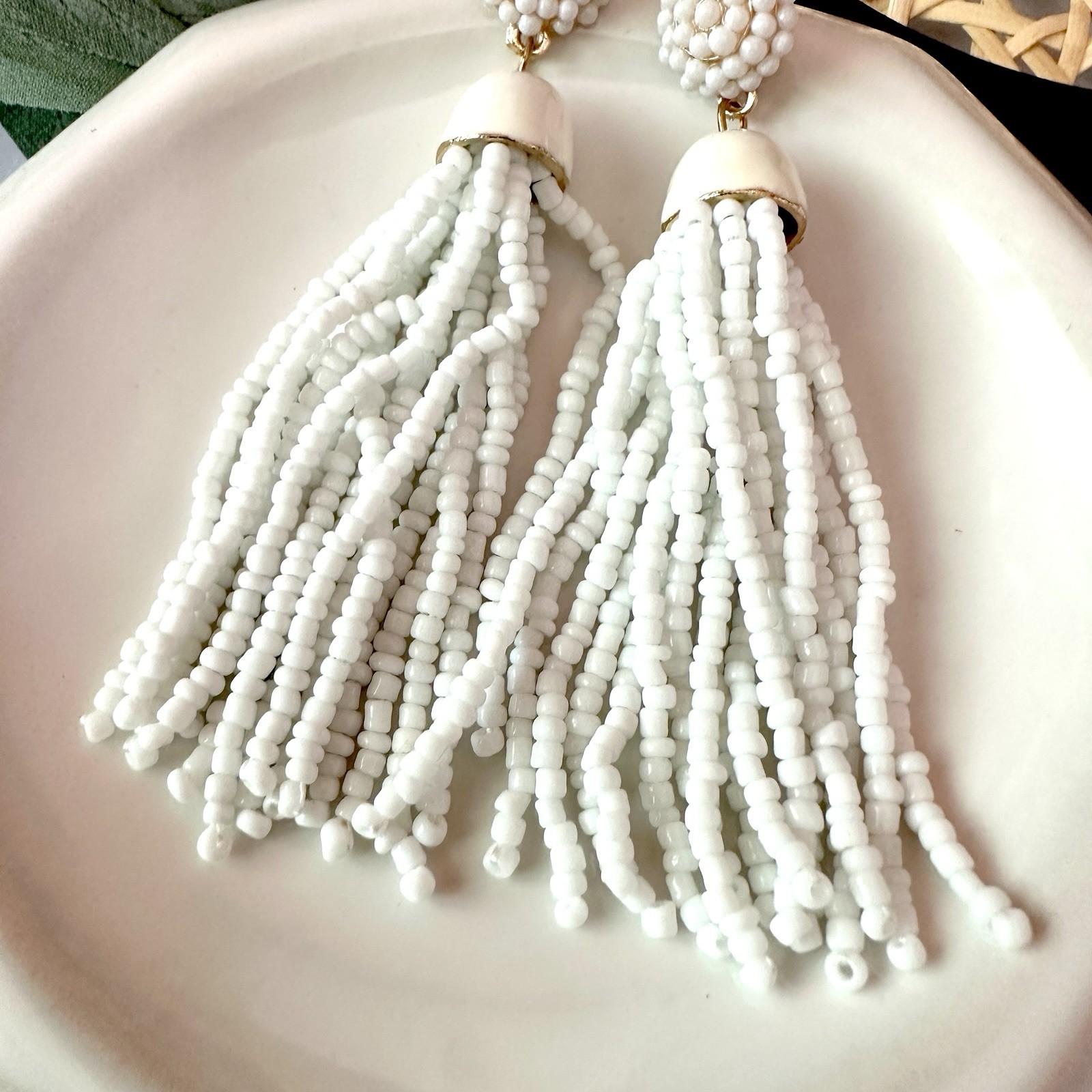 Cloud Tassel White Seed Bead Earrings Long Dangle Fringe Boho Jewelry Gift NEW