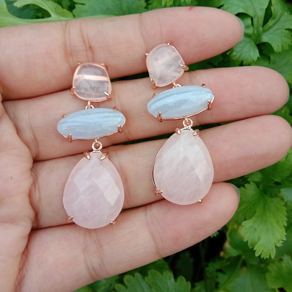 Rose Quartz Blue Chalcedony Dangle Stud Earrings Gemstone  women Fashion Jewelry