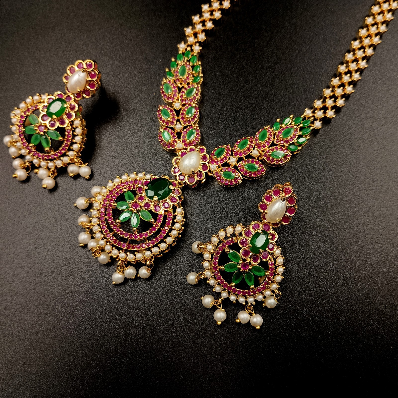 Vintage Style Ruby Emerald Pearl Necklace 22k Gold Plated Handmade Set