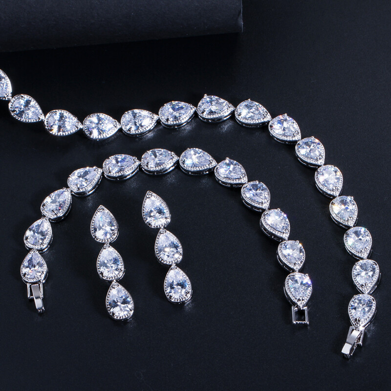 Silver Plated Bridal Wedding CZ Drop Necklace Bracelet Earrings Set for Women