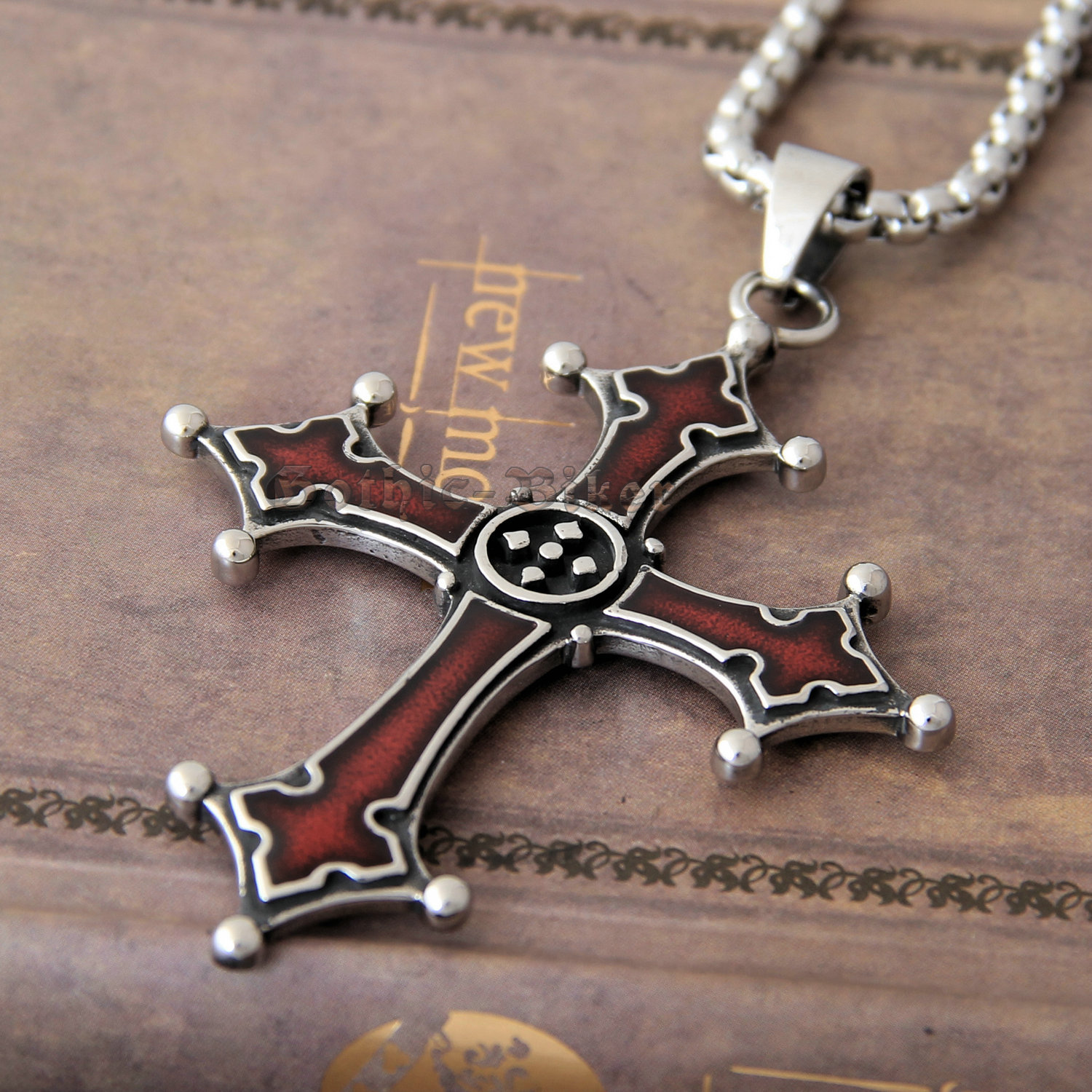 Men’s Gothic Bloody Red Enamel Solid 316L Stainless Steel Cross Necklace Pendant