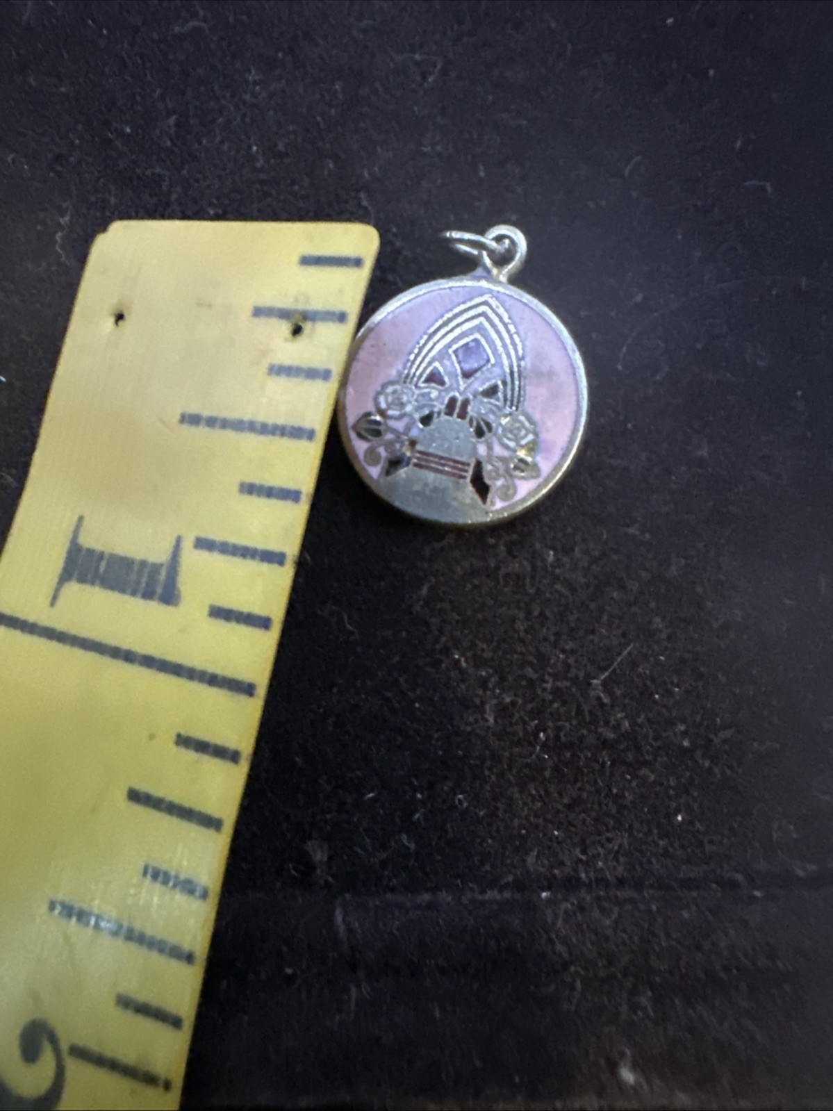 Vintage Pink Enamel Gothic Cathedral Window Rose Design Pendant Religious Charm