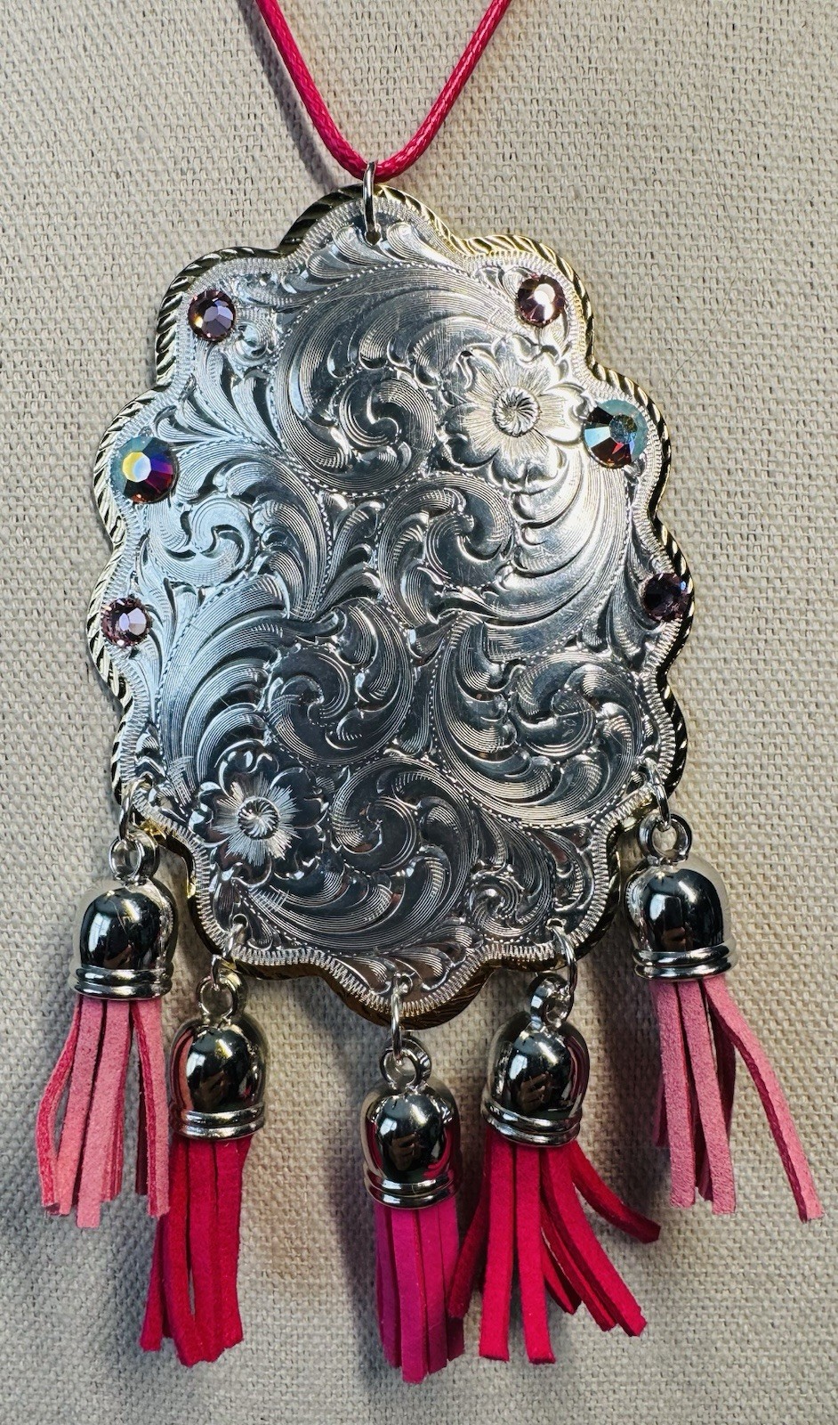 Silvertone & Rhinestone Oval Tassel Statement Pendant On Cord Necklace