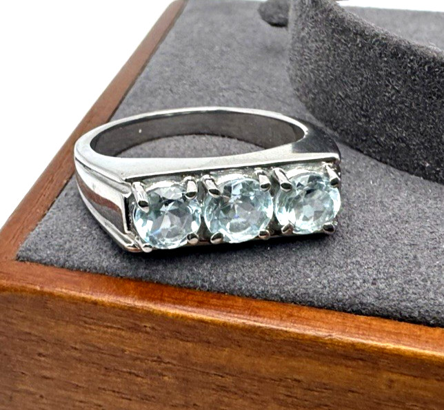 Sky Blue Topaz Tri-Stone Ring Stainless Steel Size 12 Masculine Statement New