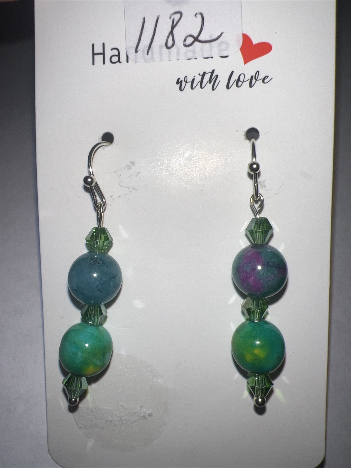 Green Blue Bead Earrings, W/ Silver, Hook Dangle, Flower Bead, Fashion, Womens