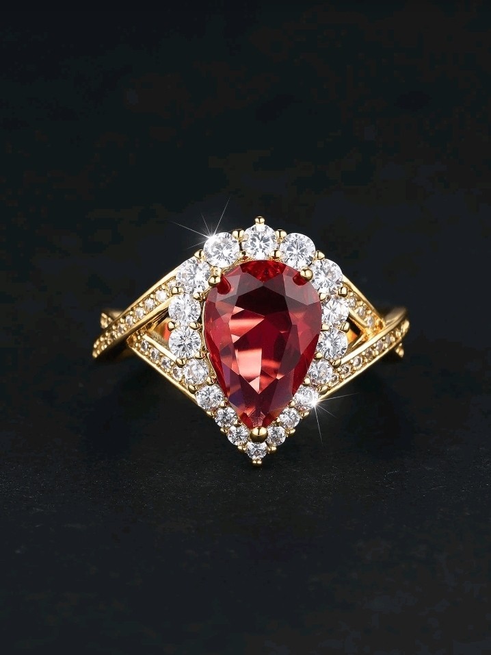 Gold-Plated Zinc Ring Red Teardrop-Shaped CZ With White/Colorless Inlay Size 6