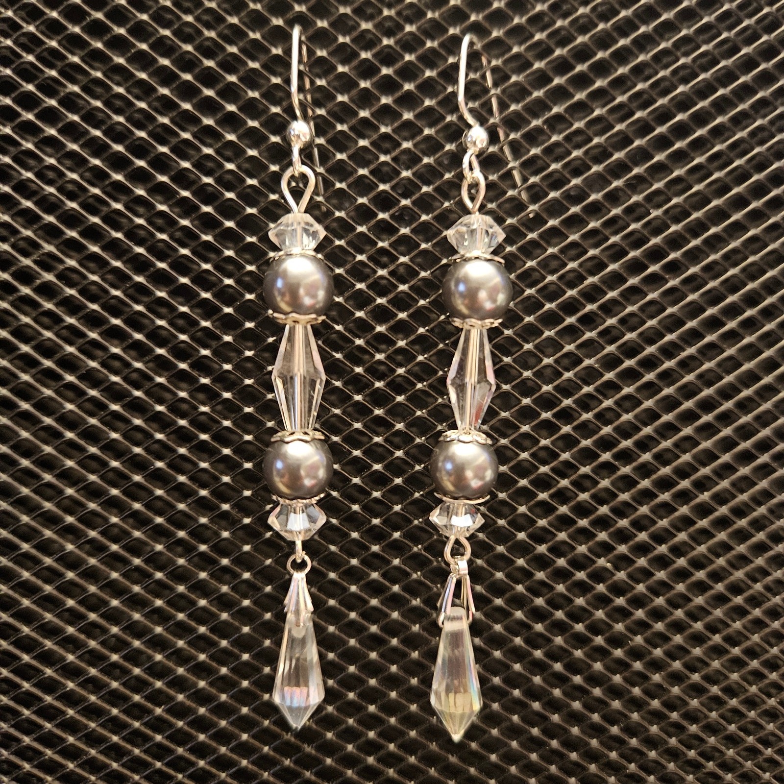 Gray faux pearl and clear faceted glass crystal dangle earrings