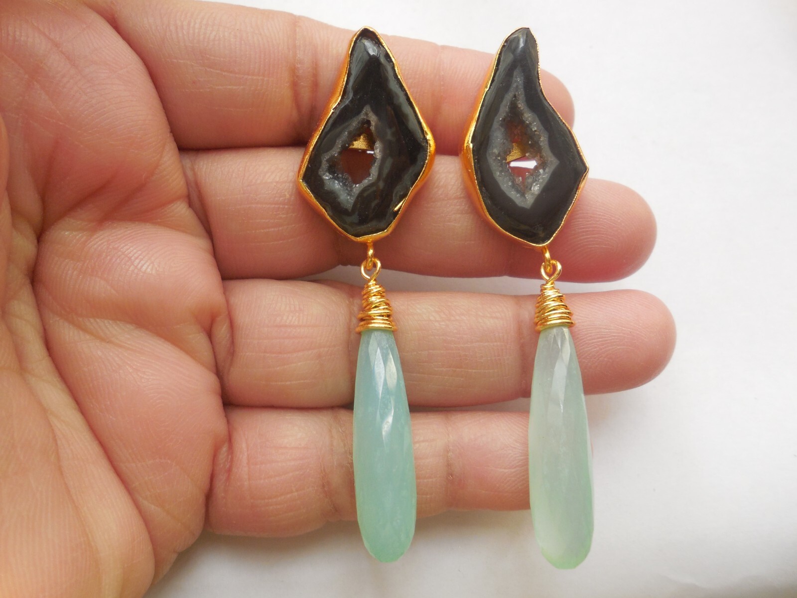 Druzy Chandelier Earrings Elongated Chalcedony Drop Gemstone Gold Plated Jewelry