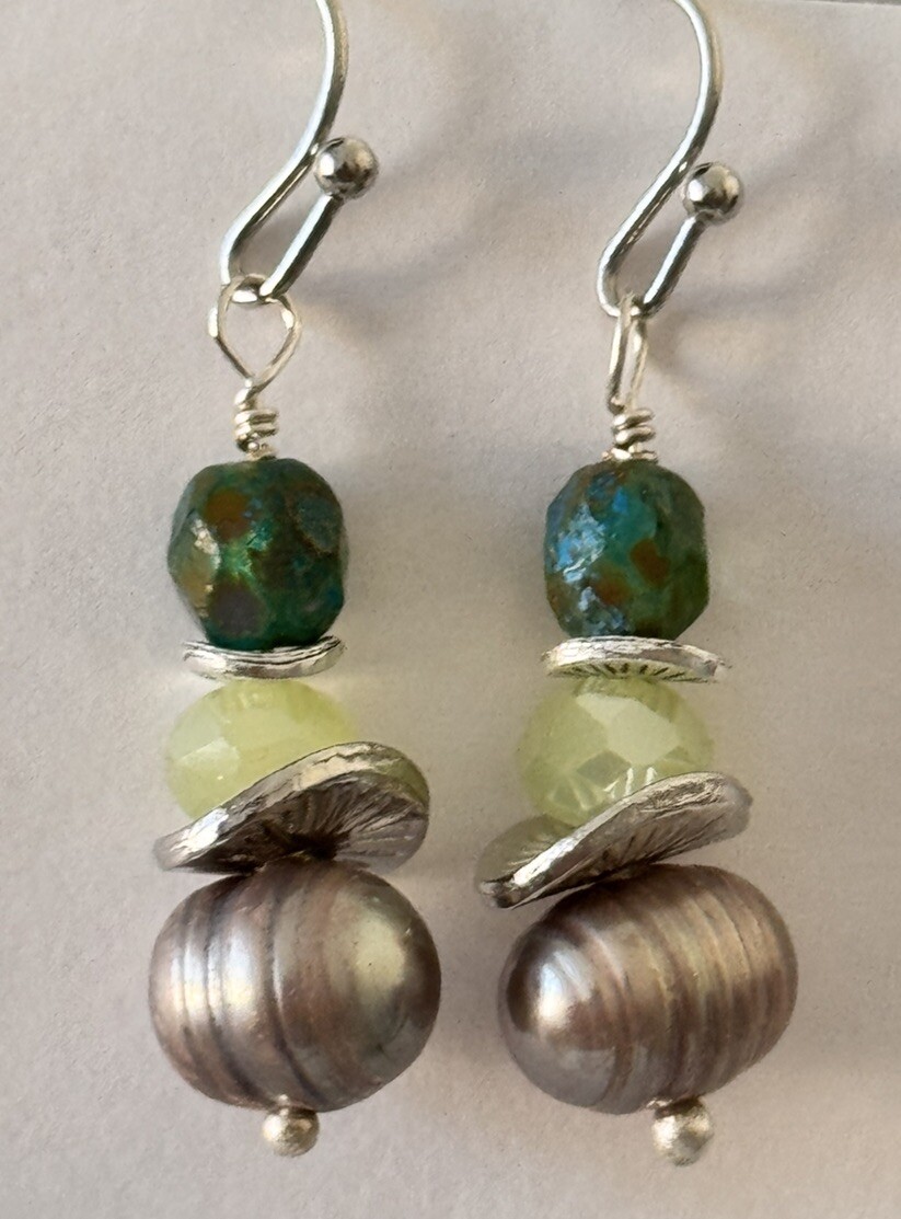 Beautiful Silver, Green, Blue and Freshwater Pearl Earrings. Ocean. Beach.