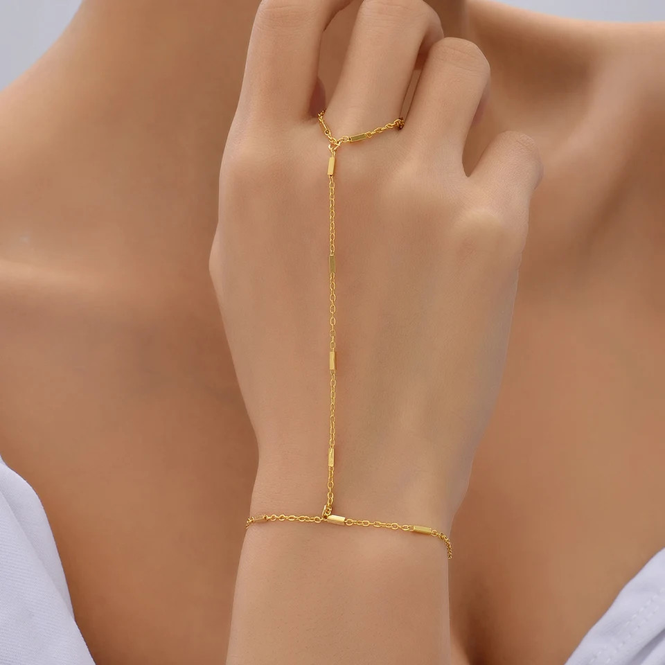 Gold Tone Chain Bracelet with Finger Ring Link Hand Harness Jewelry Women 1 Pc
