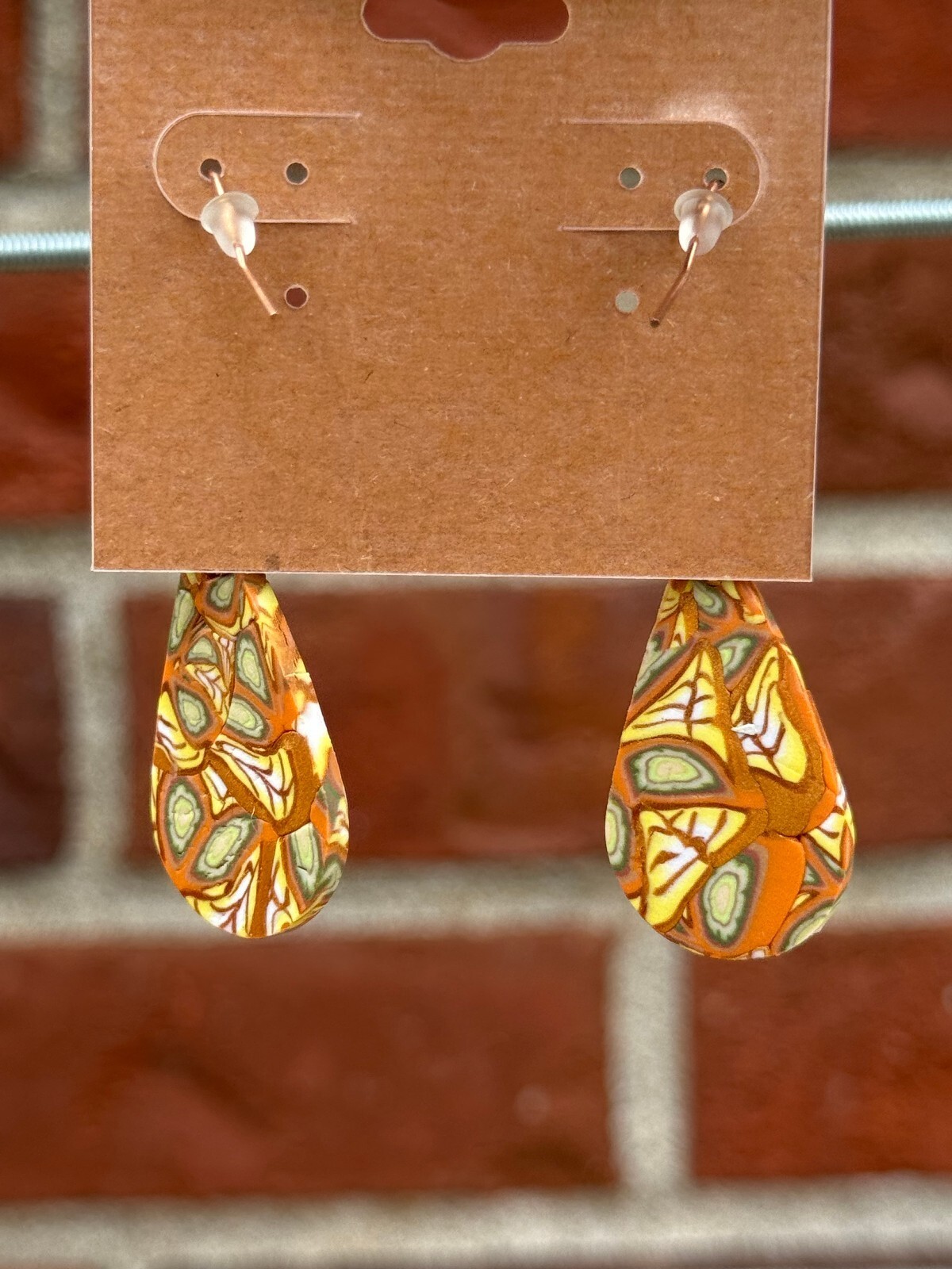 Handmade Polymer Clay Earrings Orange with Yellow and Green Leaves