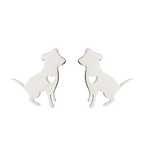 Dog Stud Silver Earrings with Heart, Dog Love Pet, Great Gift, Animal Lover