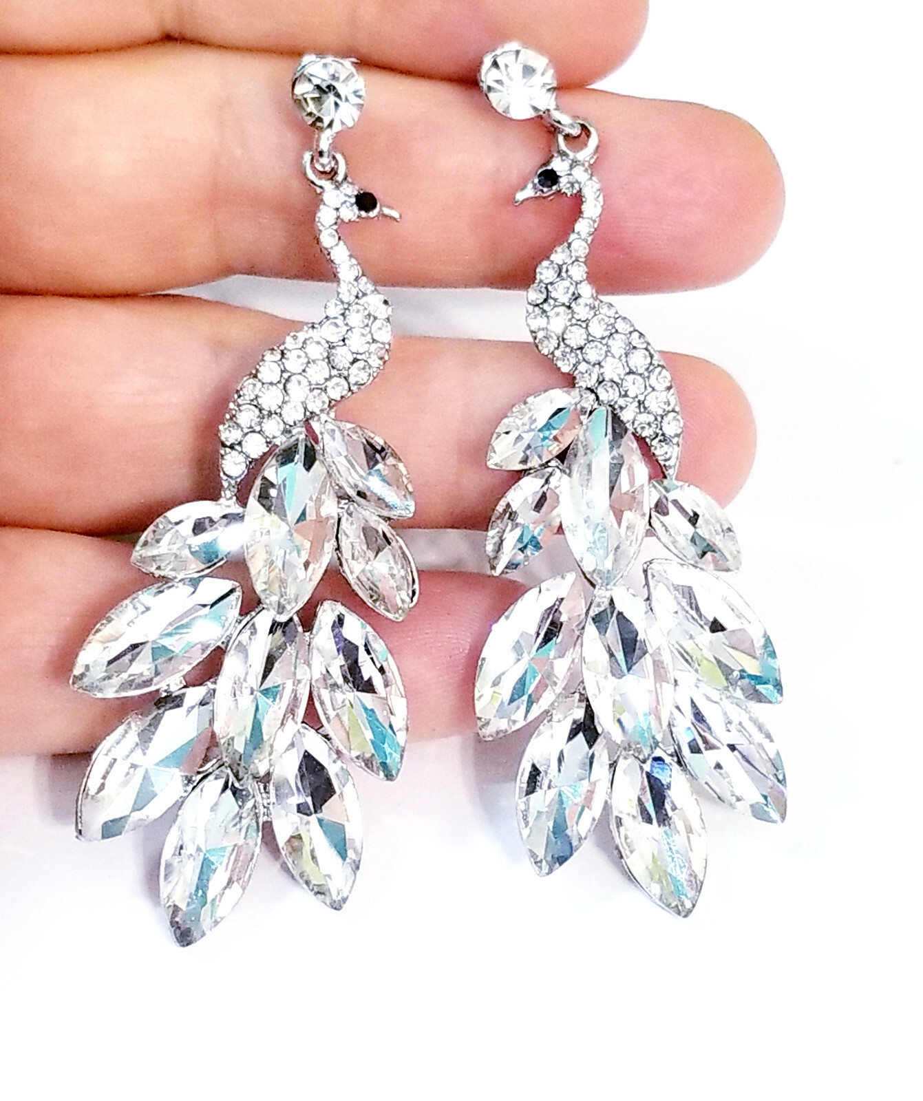 Peacock Drop Earrings Rhinestone Chandelier 2.9 inch Clear