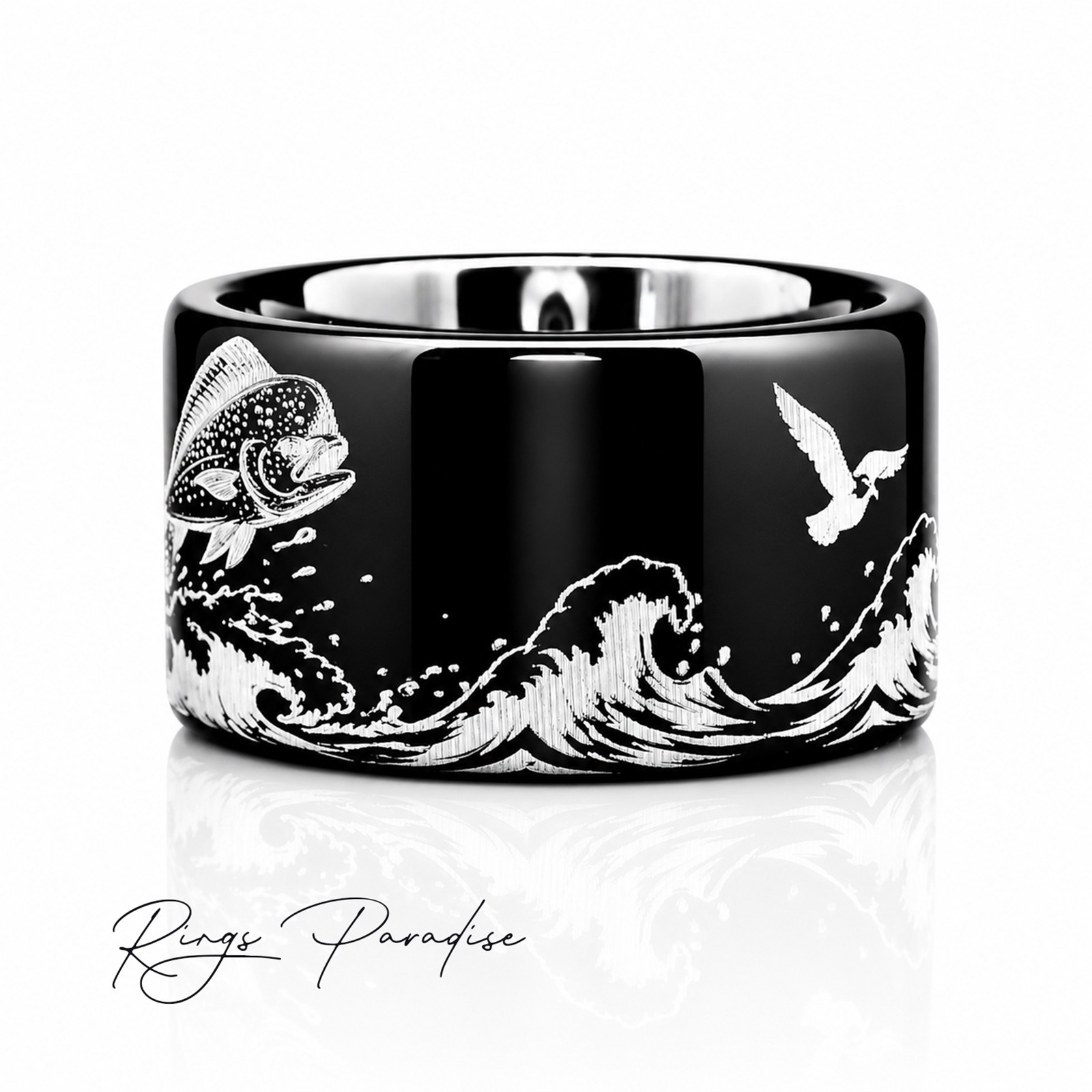 Mahi Mahi Ring | Black Tungsten Wedding Band Fishing Ring – 8mm,10mm,12mm