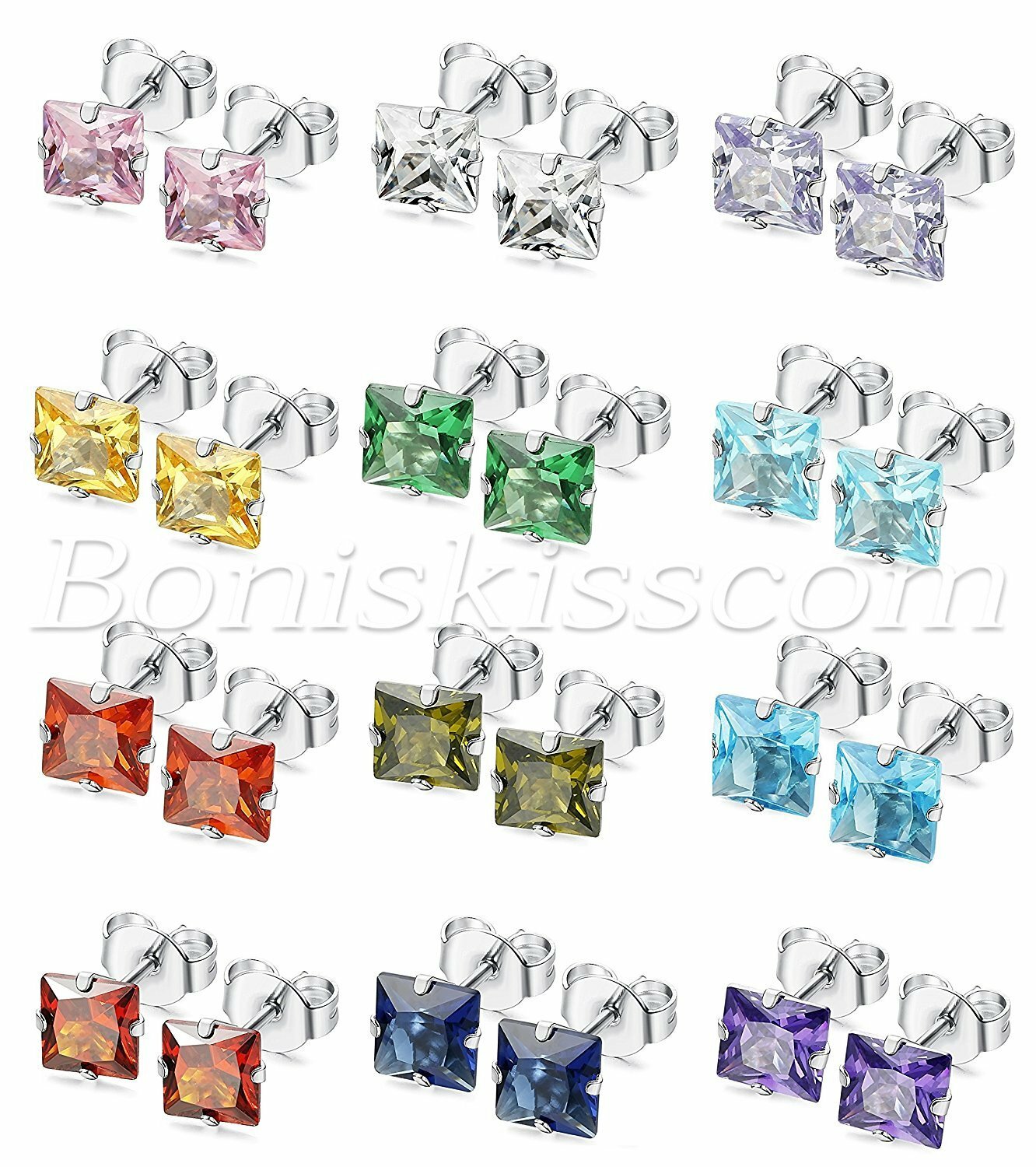 24pcs 3-7mm Women Charm Stainless Steel Cubic Zirconia Square Ear Studs Earrings