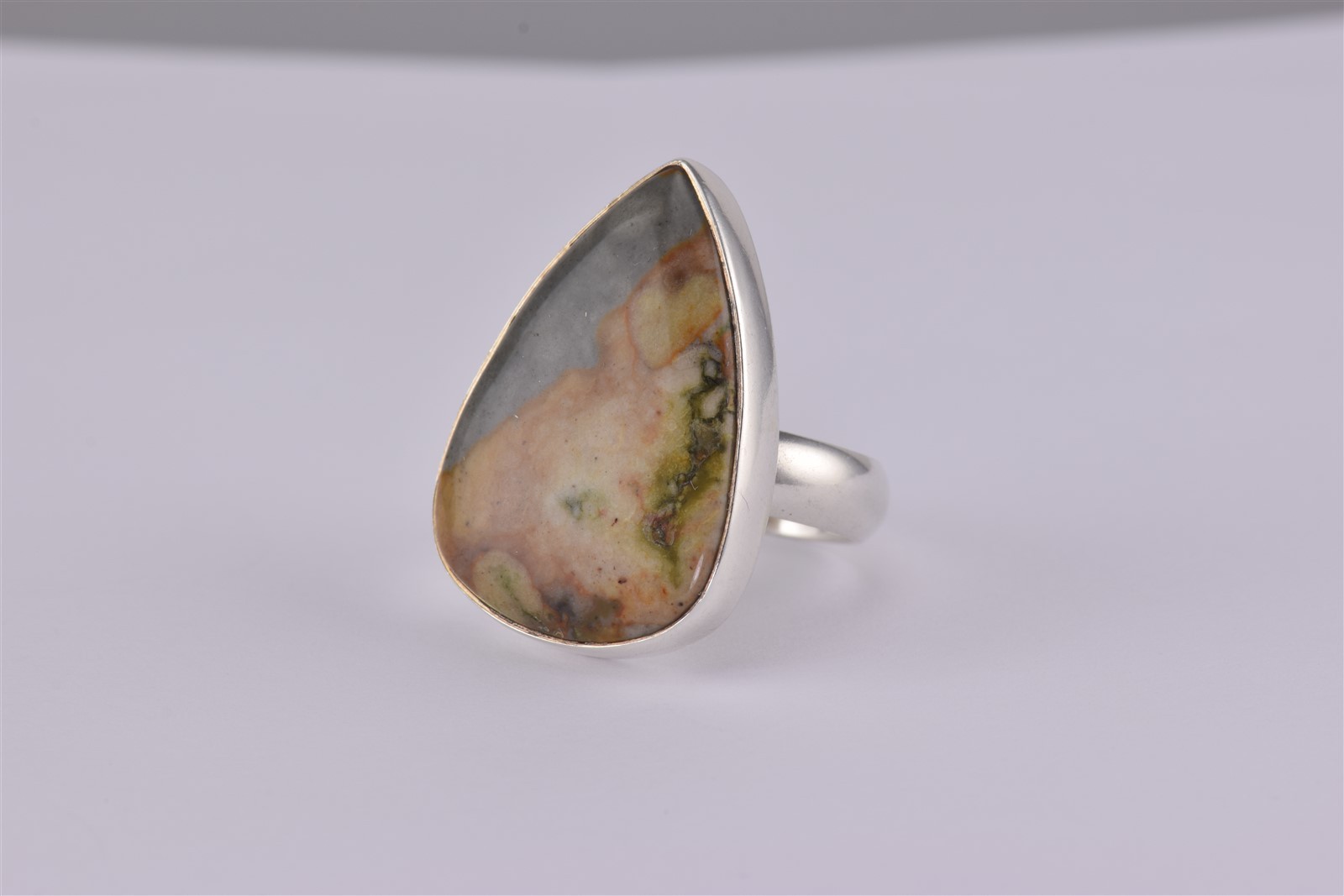 Sterling Silver Teardrop Pear Polychrome Jasper Statement Band Ring 925 Sz: 7