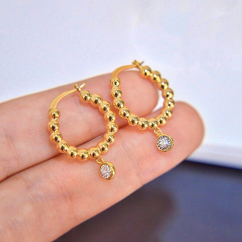 Fashion Women 18k Gold Plated CZ Beaded Round Huggie Earring Stud Drop Dangle