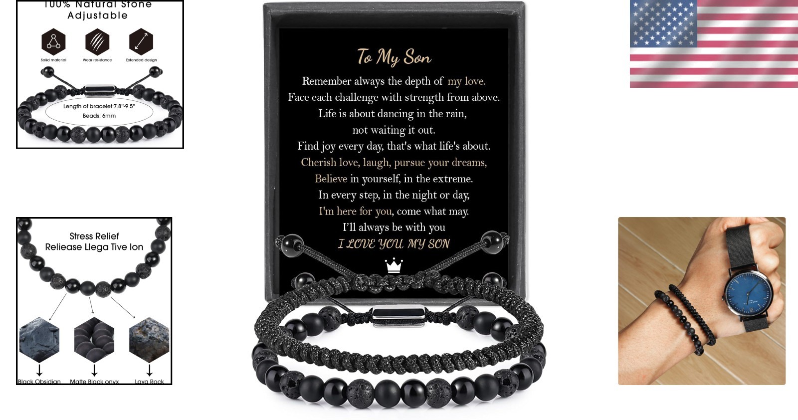 Versatile Black Lava Rock Bracelet – Adjustable Size & ‘To My Son’ Message Card