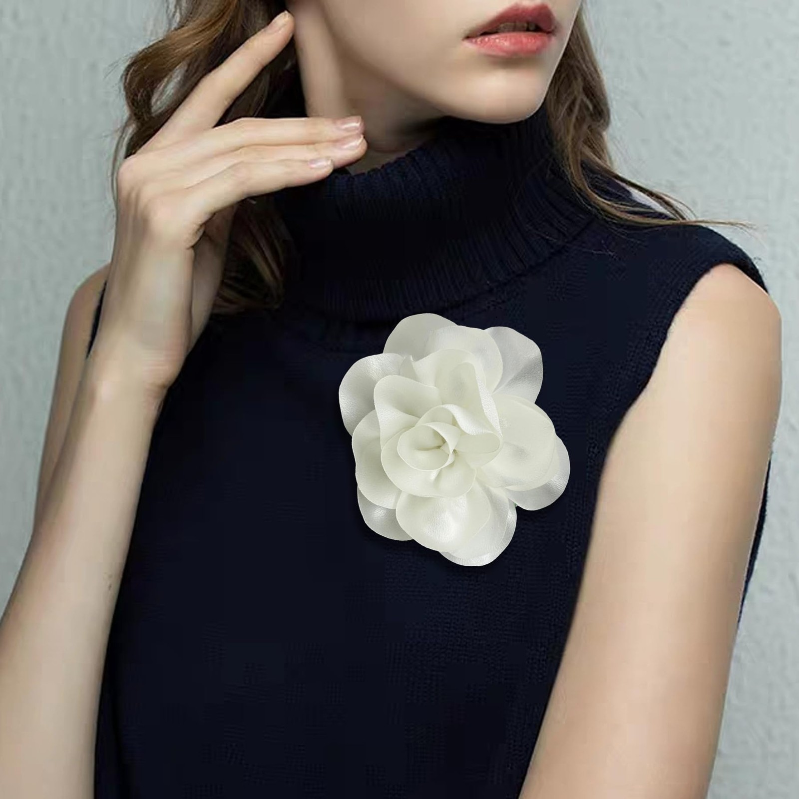 Dainty Satin Fabric Large Rose Floral Brooch Pin Womens Camellia 5.5 Inch
