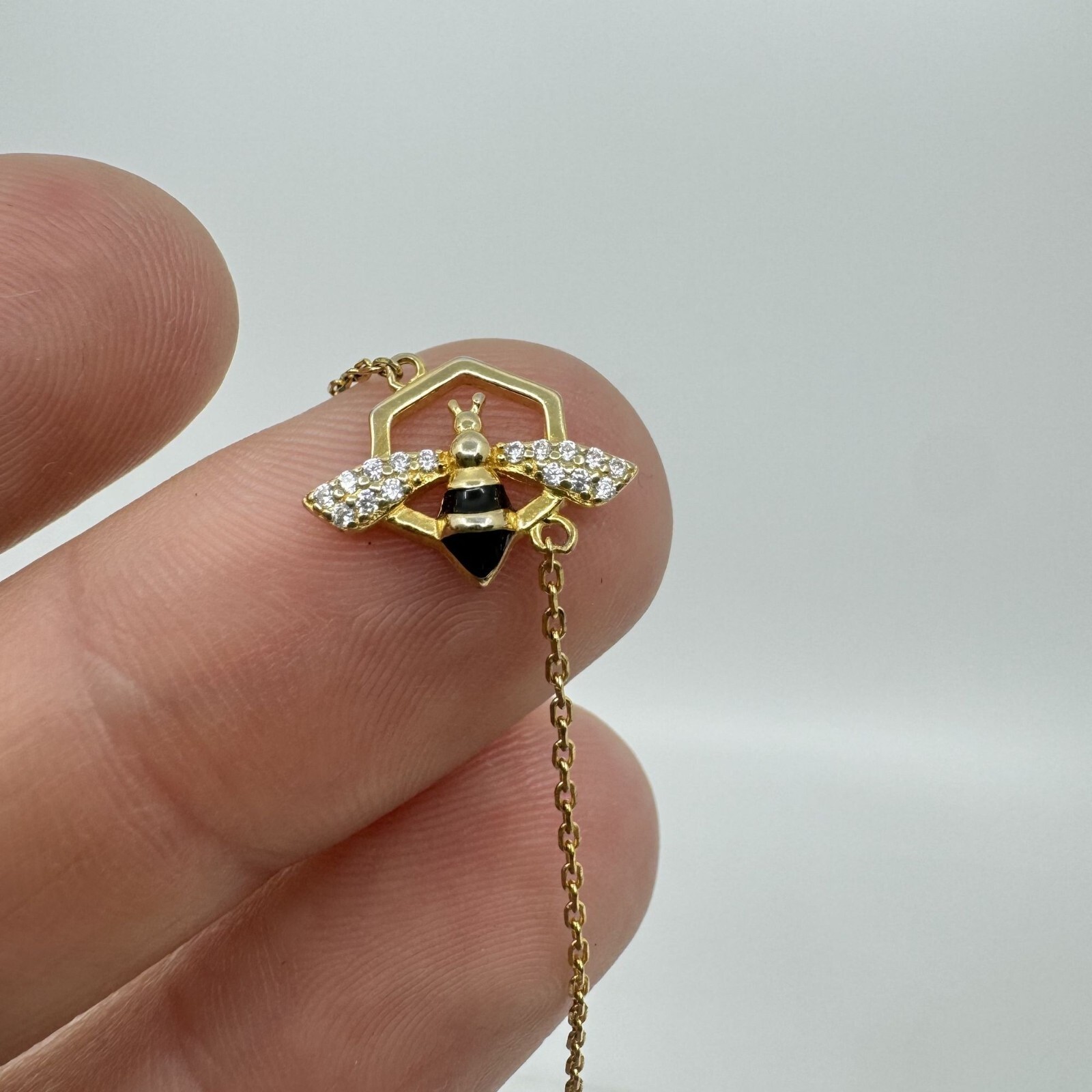 Gold Over Sterling Silver Delicate Bee & Honeycomb Crystal Bracelet 6.5″ To 7″ A