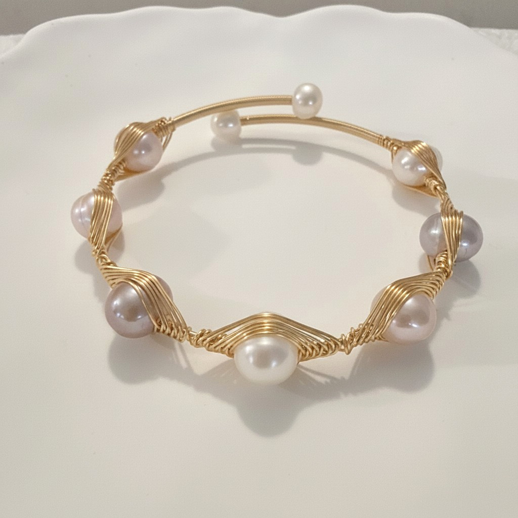Natural Freshwater Pearl Wire Wrapped Open Cuff Bracelet Gold Plated Handmade