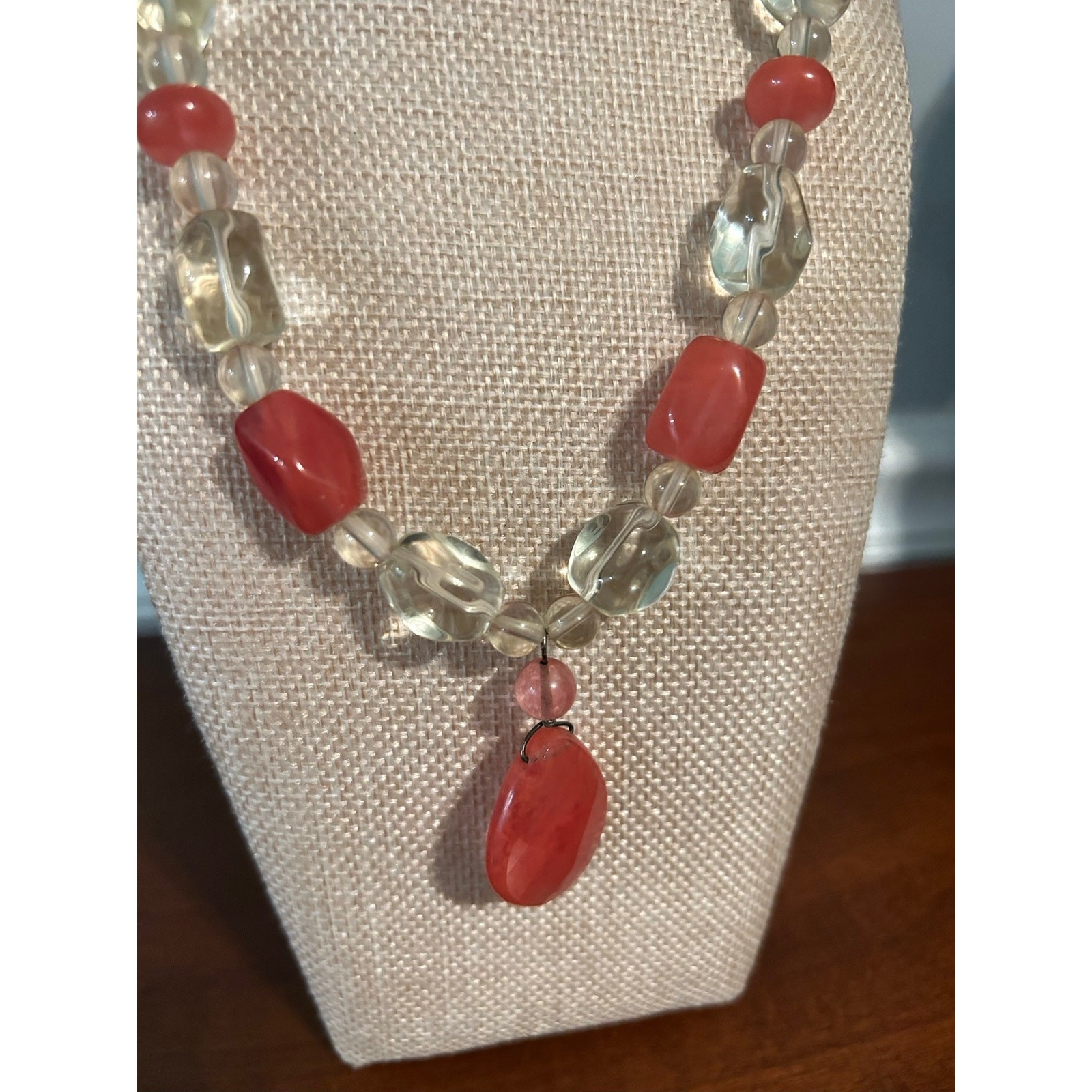 Vintage Pink Beaded Necklace Clear Faceted Oval Beads Choker 16 Inch Romantic